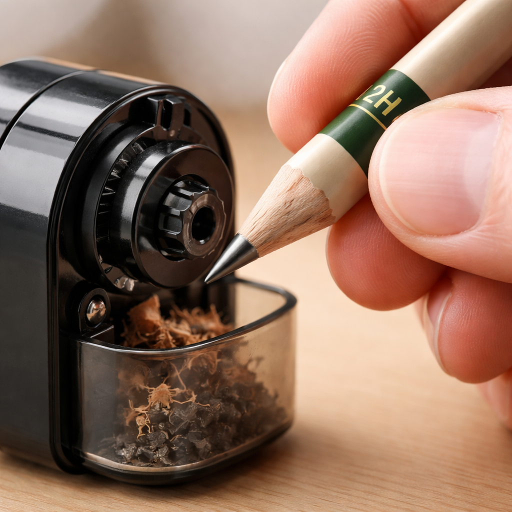 A photorealistic close‑up of a hand sharpening a 2H fine‑detail pencil with a rotary sharpener, graphite tip glinting, soft studio lighting, showing precise tip. Alt: Fine‑detail pencil sharpening tip.