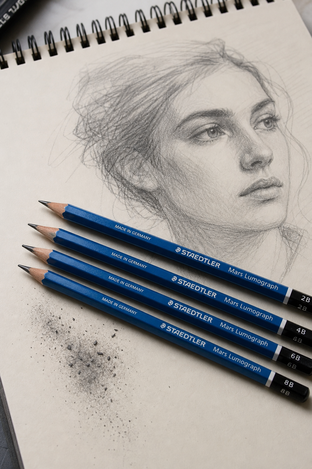 A realistic macro shot of a set of hexagonal blue Staedtler pencils resting on a sketchpad, with graphite dust and a half-finished portrait sketch nearby. Alt: Staedtler Mars Lumograph pencils on a sketchpad