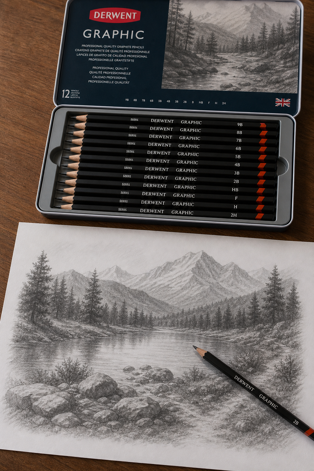 A realistic shot of a Derwent Graphic tin open with pencils arranged by grade, alongside a sketch of a landscape with varying graphite tones. Alt: Derwent Graphic pencils in a tin on a drawing table