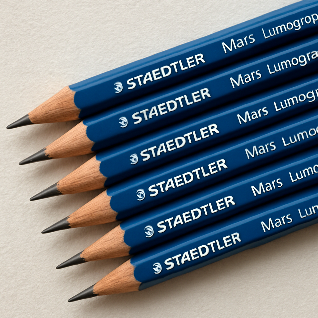A close‑up of a Staedtler Mars Lumograph pencil set arranged on textured drawing paper, showing the 2H, HB, 2B, 4B, and 6B leads. Alt: Staedtler Mars Lumograph best pencils for sketching and shading