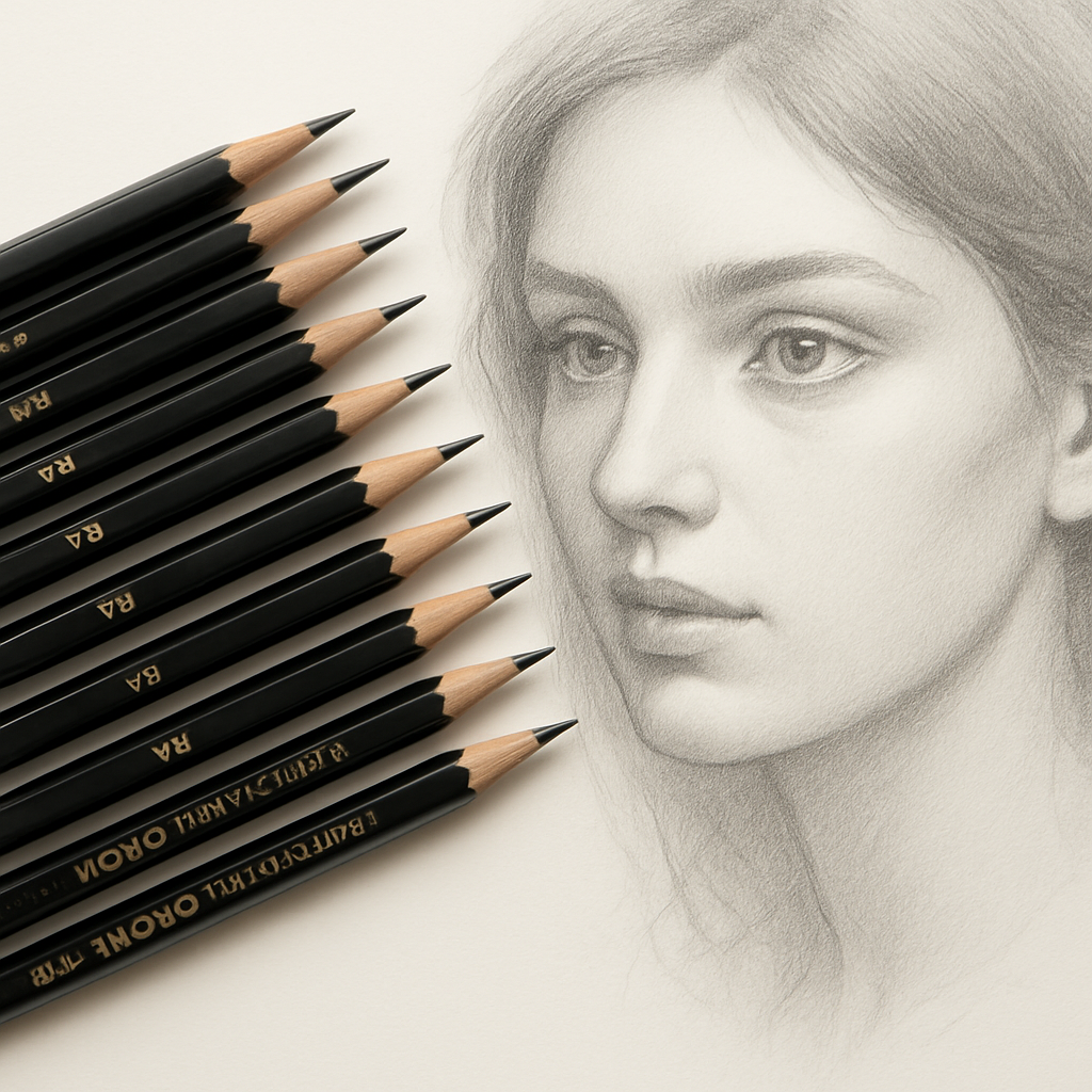 A close‑up of a Tombow Mono Professional pencil set ranging from 2H to 6B, placed on a smooth Bristol sketchpad with a half‑finished portrait beside it. Alt: Tombow Mono Professional pencils smooth finish for professional artists, best pencils for sketching and shading.