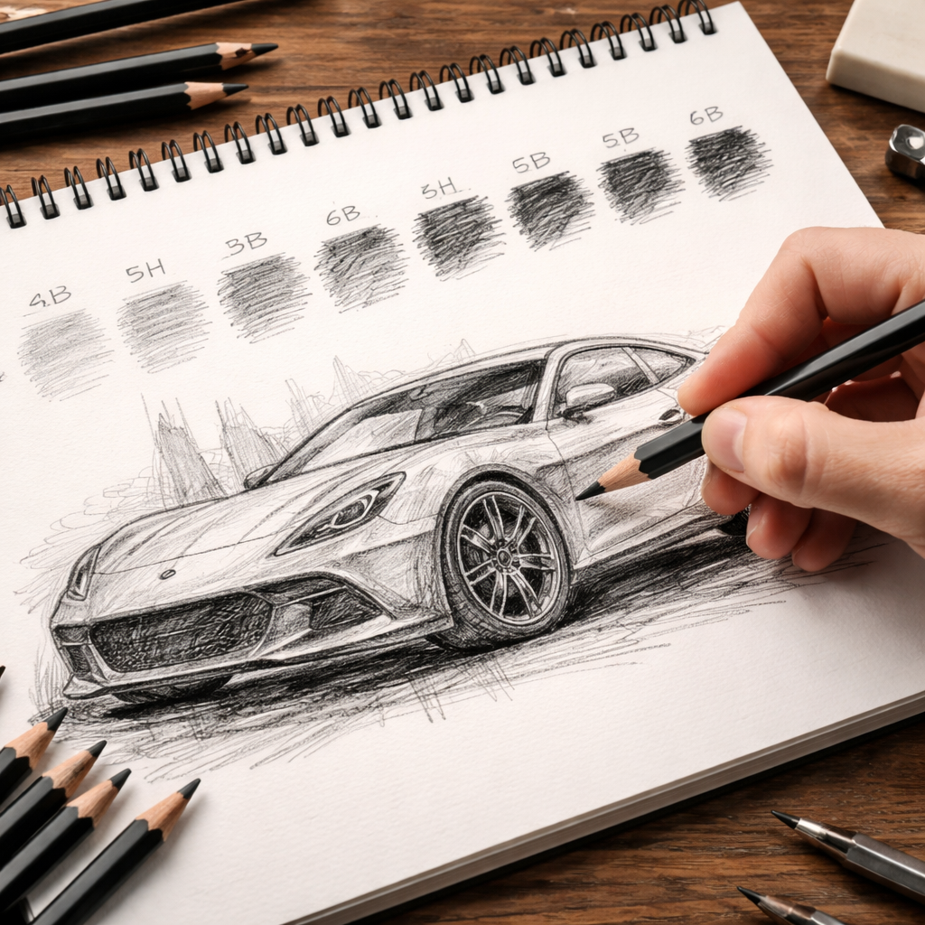A realistic photo of a hand holding a 2B pencil sketching a car on paper, showing different graphite hardness marks. Alt: Best pencils for sketching cars.
