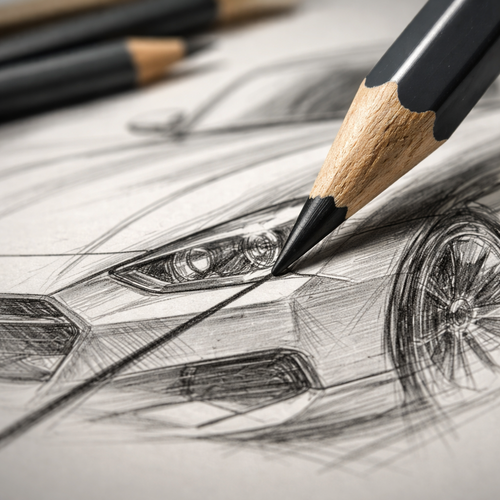 A photorealistic close‑up of a sharpened drawing pencil tip resting on a sketch of a car hood, showing a crisp line on the paper, realism style, alt: best pencils for sketching cars maintaining sharpness and consistency.