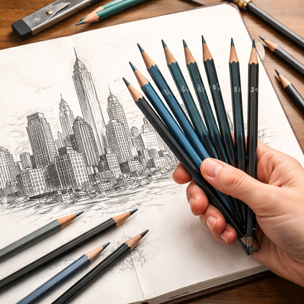 A realistic hand holding a range of graphite pencils from hard to soft, scattered over a sketchbook with a city skyline in progress. Alt: mixed‑grade pencils for urban sketching