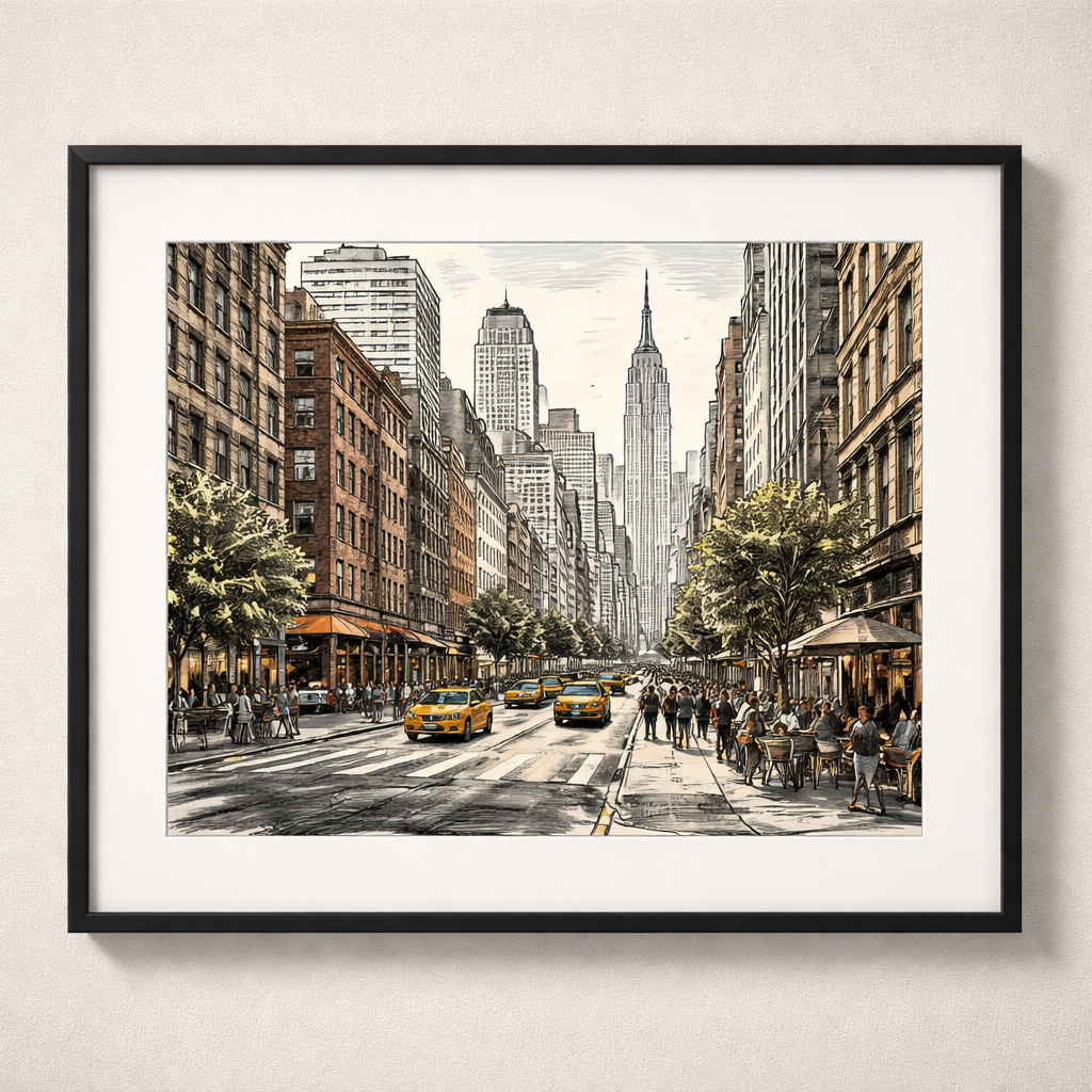 A realistic close‑up of a finished cityscape sketch on matte board, framed on a plain wall. Alt: completed urban sketch ready for display