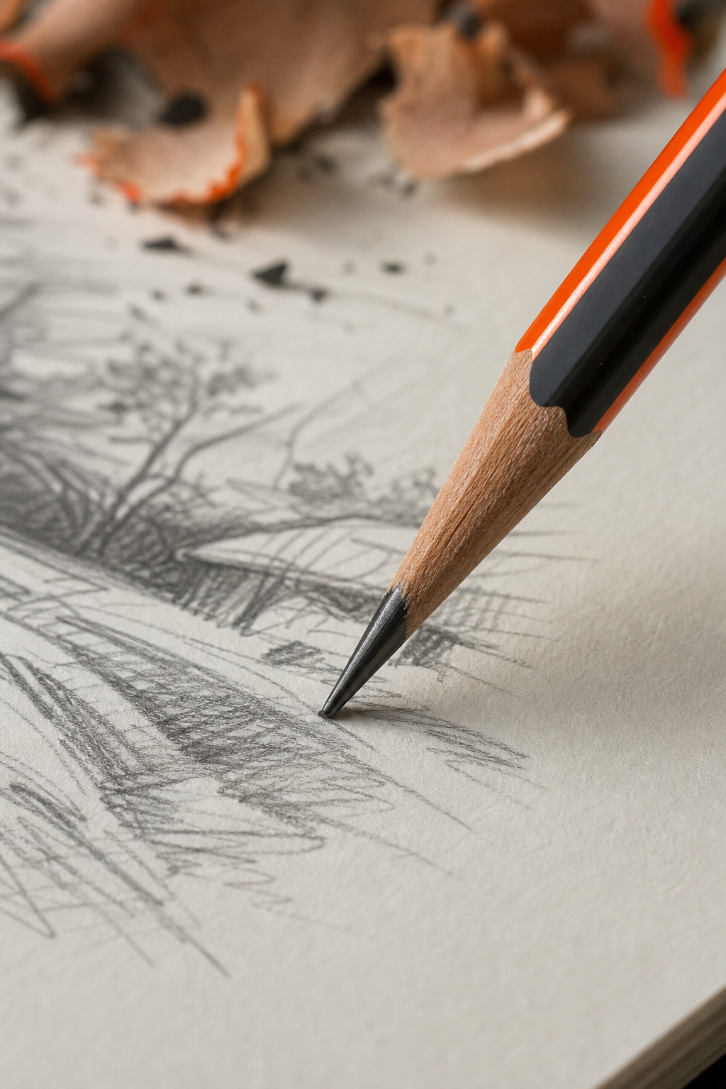 A photorealistic close-up of a wooden graphite pencil ready for sketching on smooth paper, shot in natural light. Alt: graphite pencil close-up