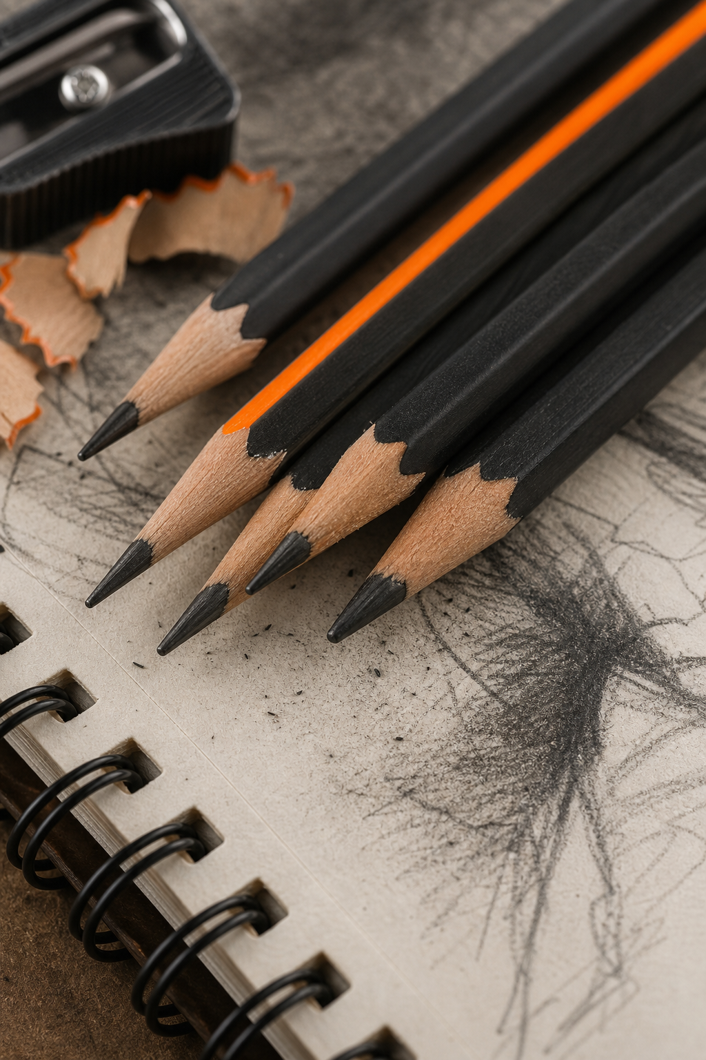 Close-up of several graphite pencils on a textured sketchbook, showing wood texture and lead darkening.