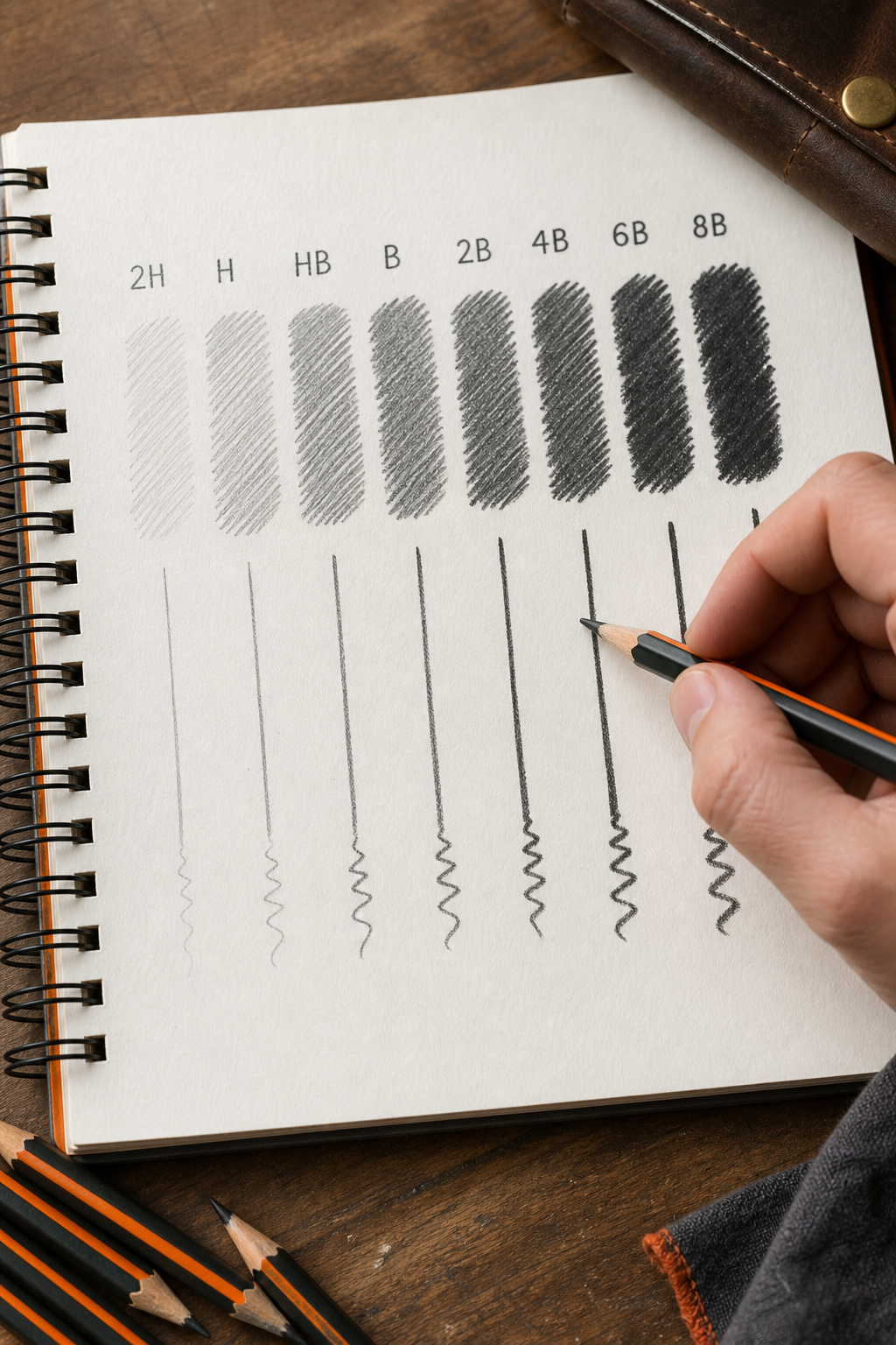A close-up photo of a hand holding a graphite pencil over a sketchbook, showing the variety of line widths and darkness from different lead grades on the same page. Alt: Comparison of pencil lead grades 2H to 8B on sketchbook paper.