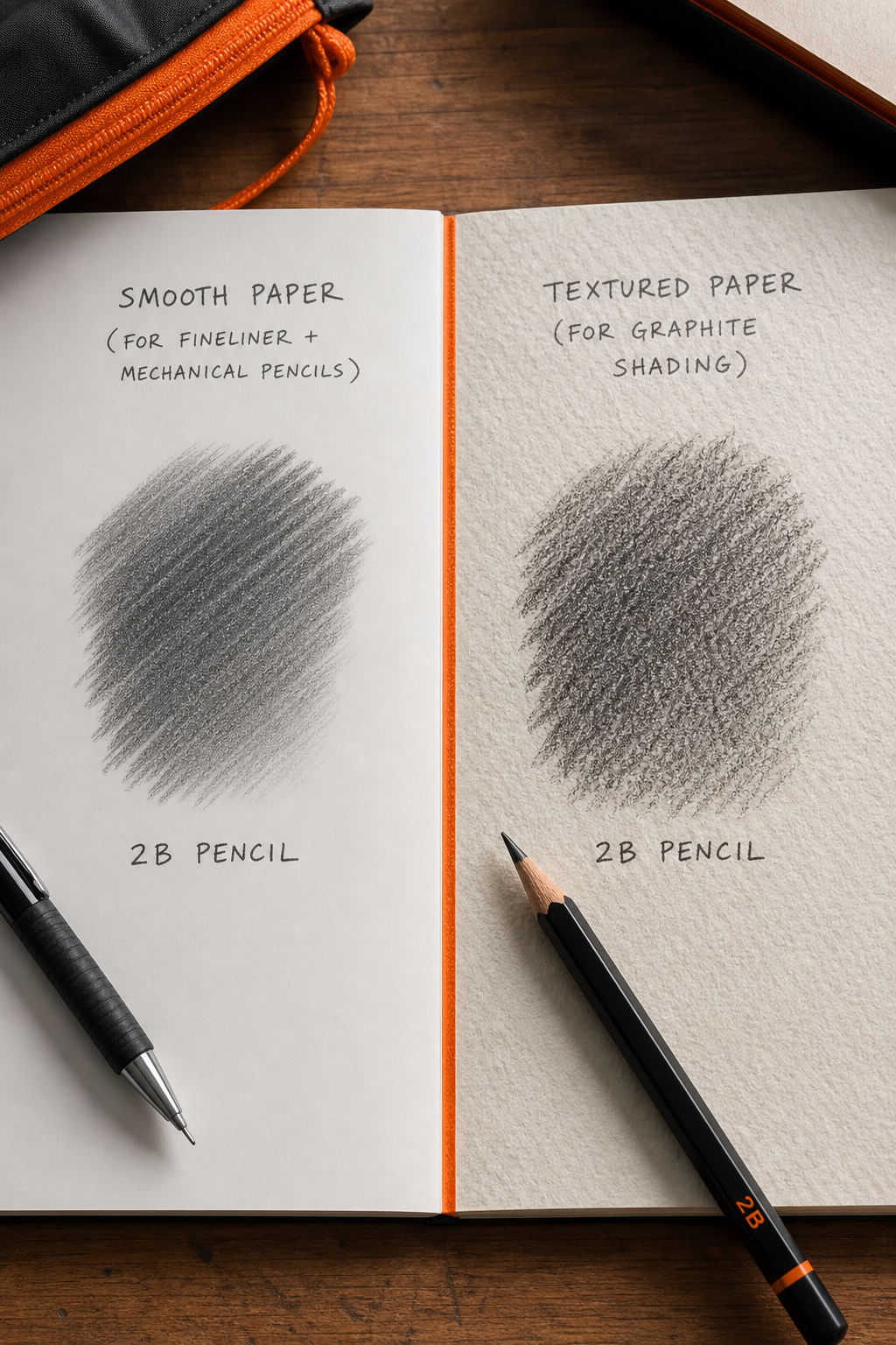 A photo of two different sketchbook papers side by side: one smooth (for fine liner and mechanical pencils) and one textured (for graphite shading), showing how the same 2B pencil mark appears differently. Alt: Comparison of smooth vs rough sketchbook paper with pencil strokes.
