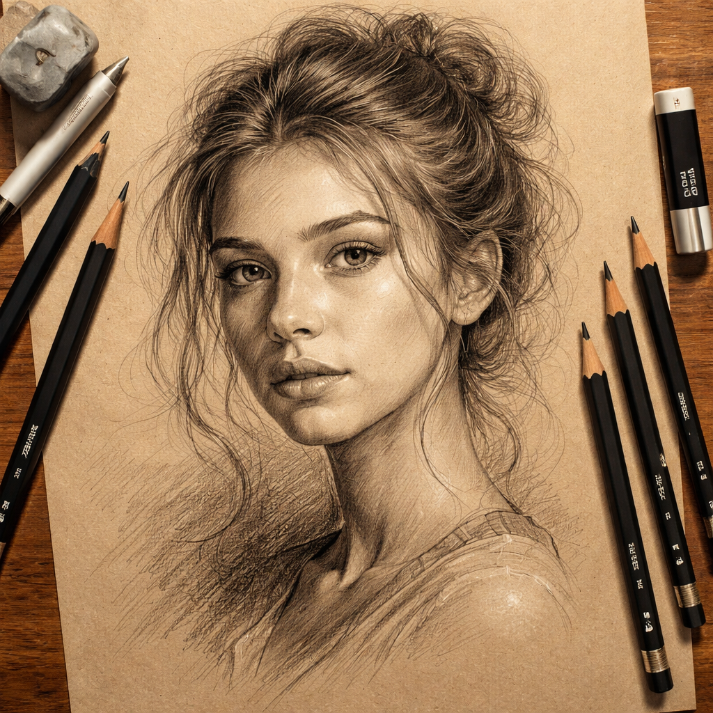 A realistic sketch of a portrait on toned paper, showing graphite strokes and soft highlights. Alt: best pencils for sketching portraits on toned paper guide illustration.
