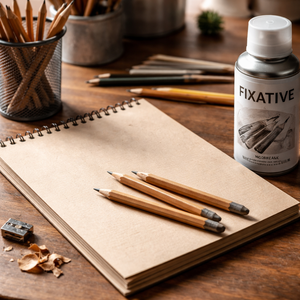 A realistic workspace showing sharpened pencils, a sketchbook with toned paper, and a fixative bottle. Alt: maintaining pencils and paper for longevity.