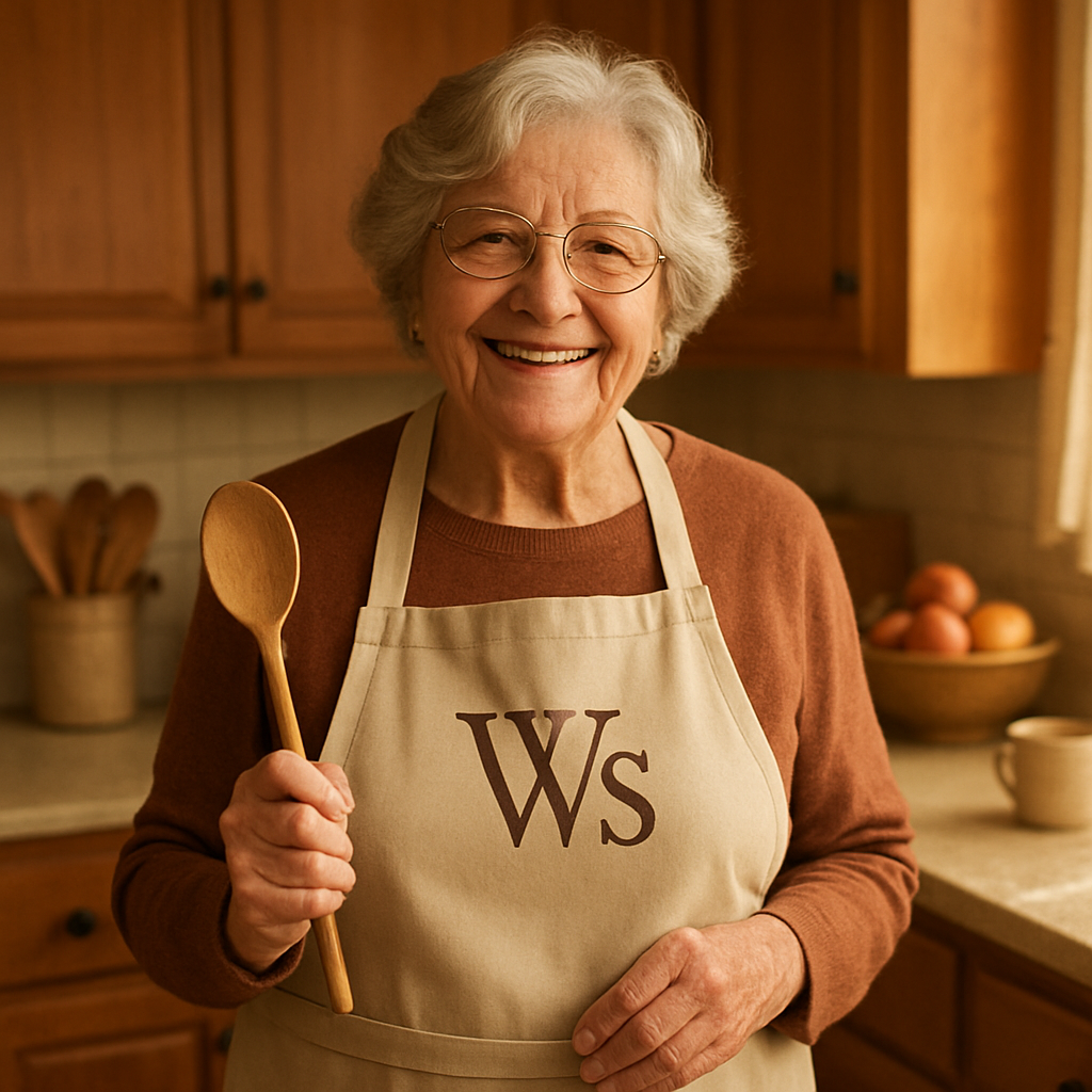 A warm kitchen scene with a grandparent wearing a monogrammed apron, holding a wooden spoon and smiling. Alt: Monogrammed kitchen apron best personalized gifts for grandparents