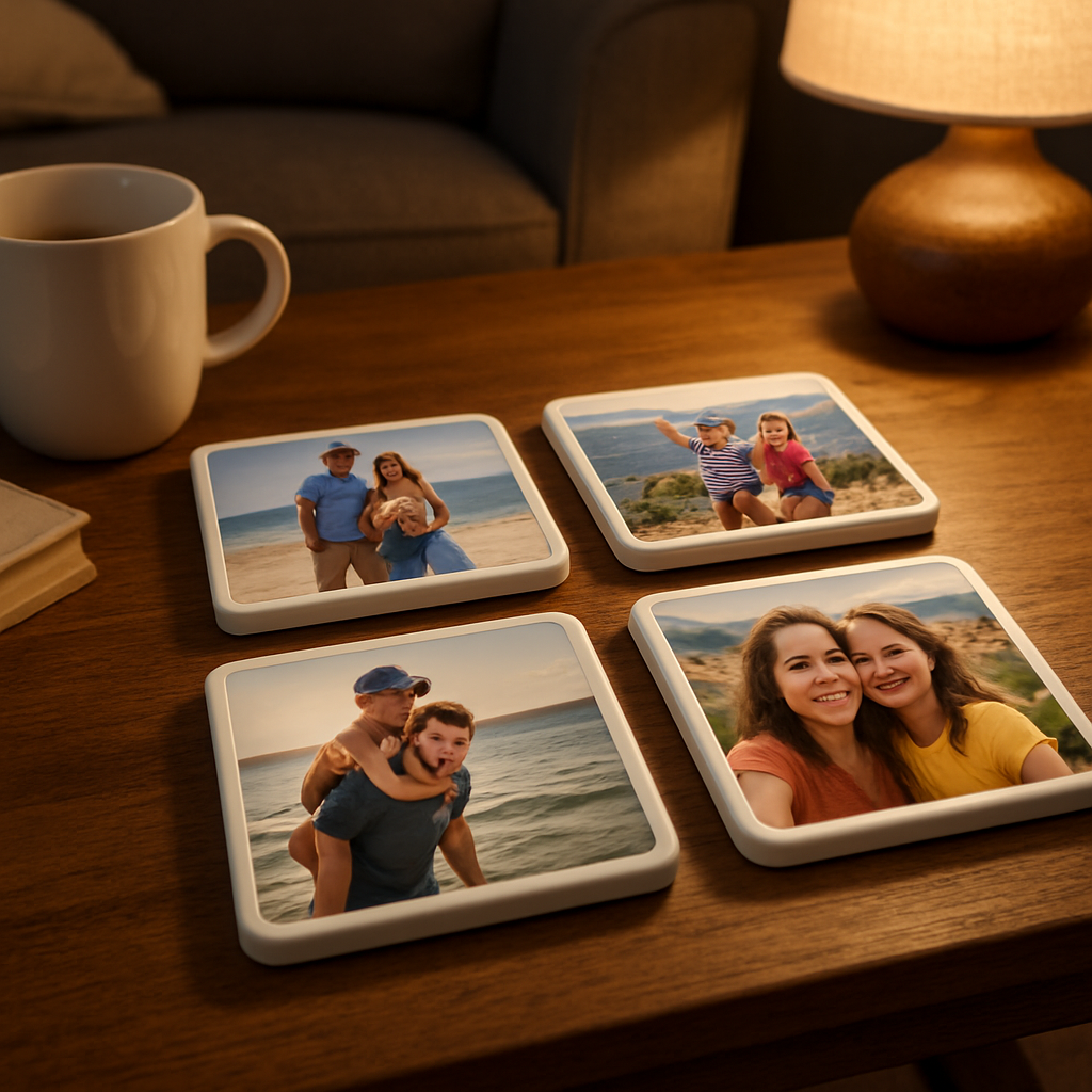 A cozy living room coffee table with four ceramic photo coasters displaying family vacation photos, warm lighting, close‑up view. Alt: Classic ceramic photo coasters personalized with family memories, perfect housewarming gift.