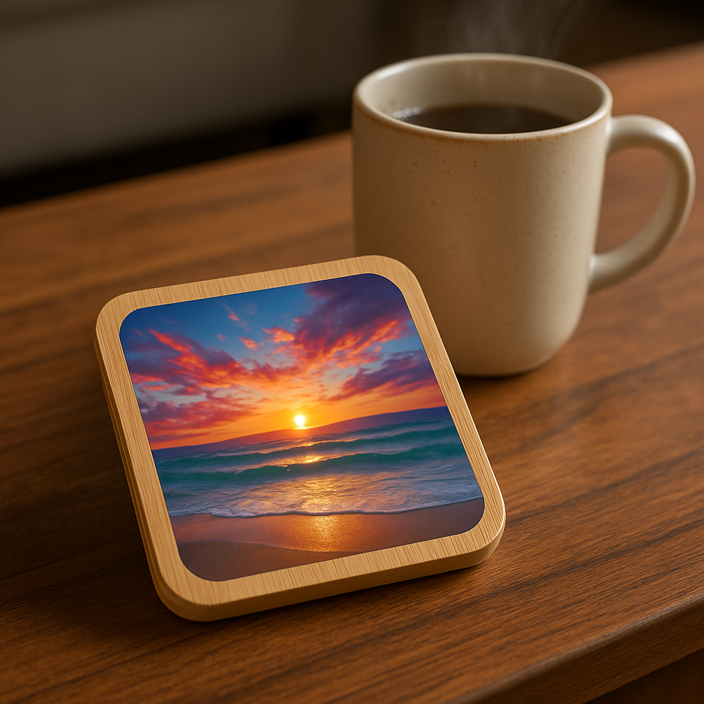 A close‑up of a bamboo photo coaster featuring a vibrant beach sunset, placed on a wooden coffee table with a steaming mug. Alt: Eco‑friendly bamboo photo coasters for housewarming gifts