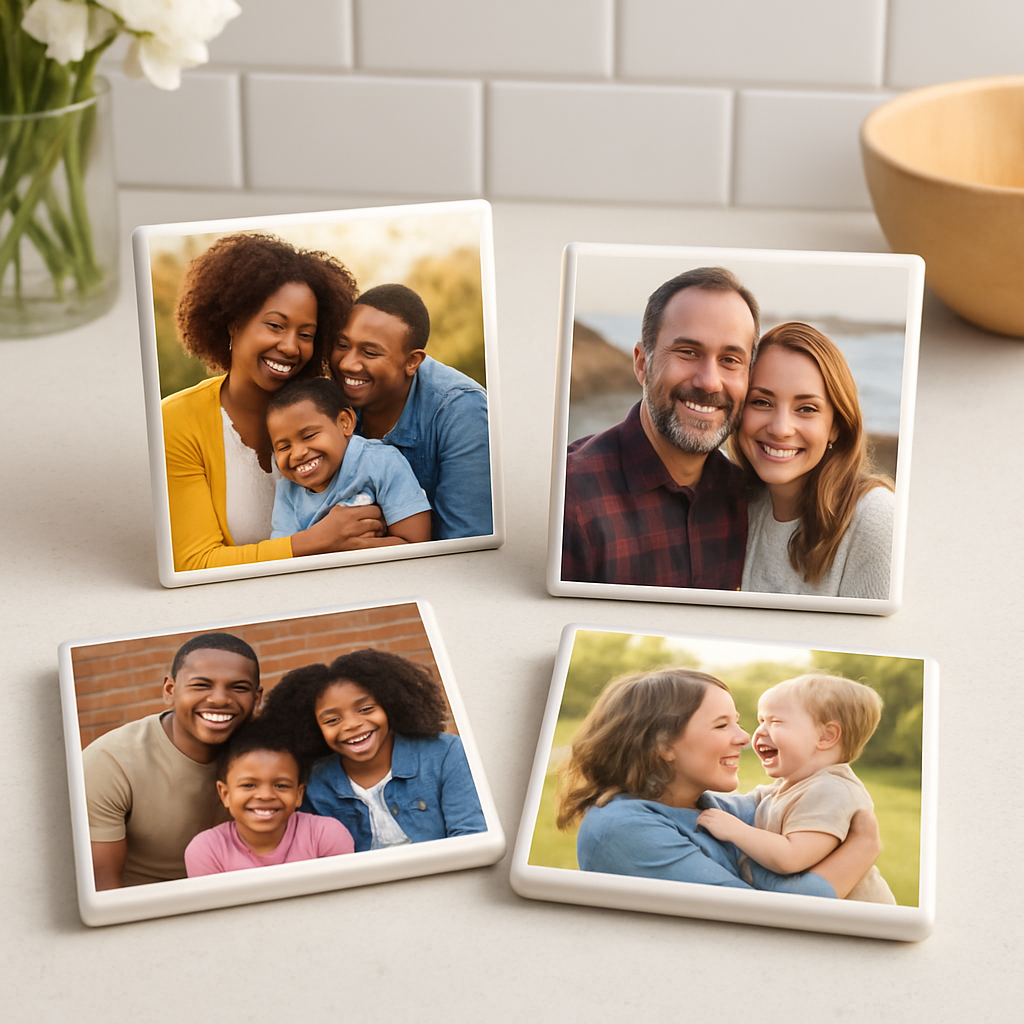 A set of custom ceramic coasters on a bright kitchen counter, each featuring a different family photo. Alt: Custom ceramic photo coasters for housewarming gifts