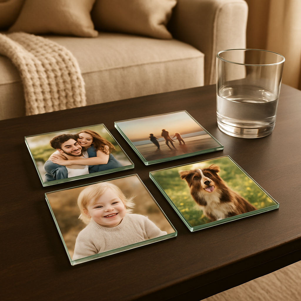A set of sleek glass photo coasters displayed on a coffee table with a cozy living room backdrop. Alt: best personalized photo coasters for housewarming gifts