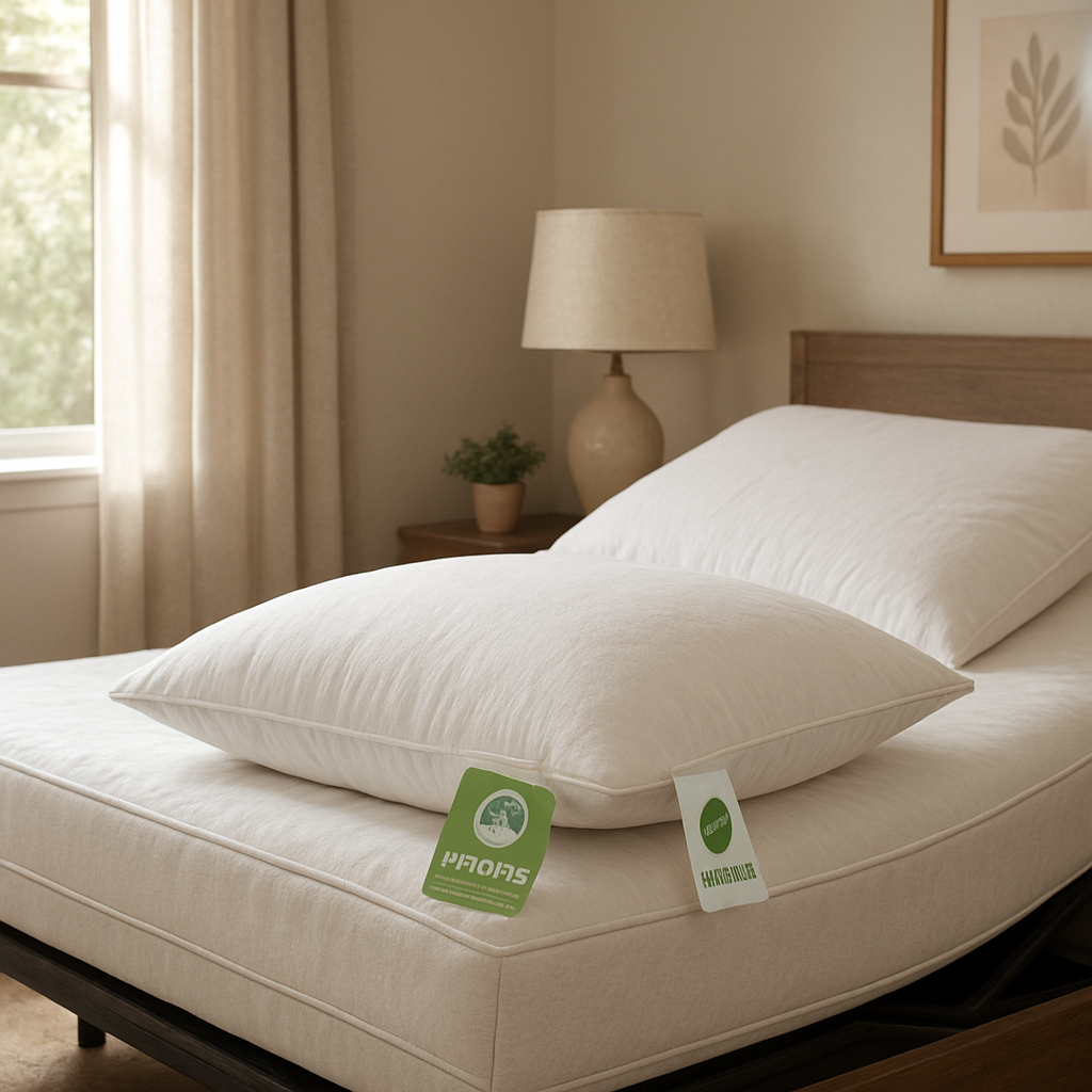A photorealistic scene of a bedroom in an Australian home, showing an adjustable bed with a pillow displaying GREENGUARD and organic certification tags on its cover, soft natural light highlighting the pillow’s breathable fabric, appealing to chronic‑pain sufferers and caregivers. Alt: Certified health‑focused pillow for adjustable bed.