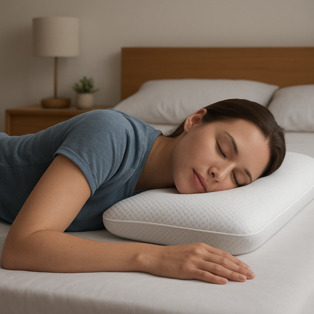 A sleek, ultra‑low profile memory foam pillow on a minimalist bedroom set, showing a person sleeping on their stomach with a cool, breathable cover. Alt: Memory foam pillow for stomach sleepers with neck pain, low profile, breathable cover.
