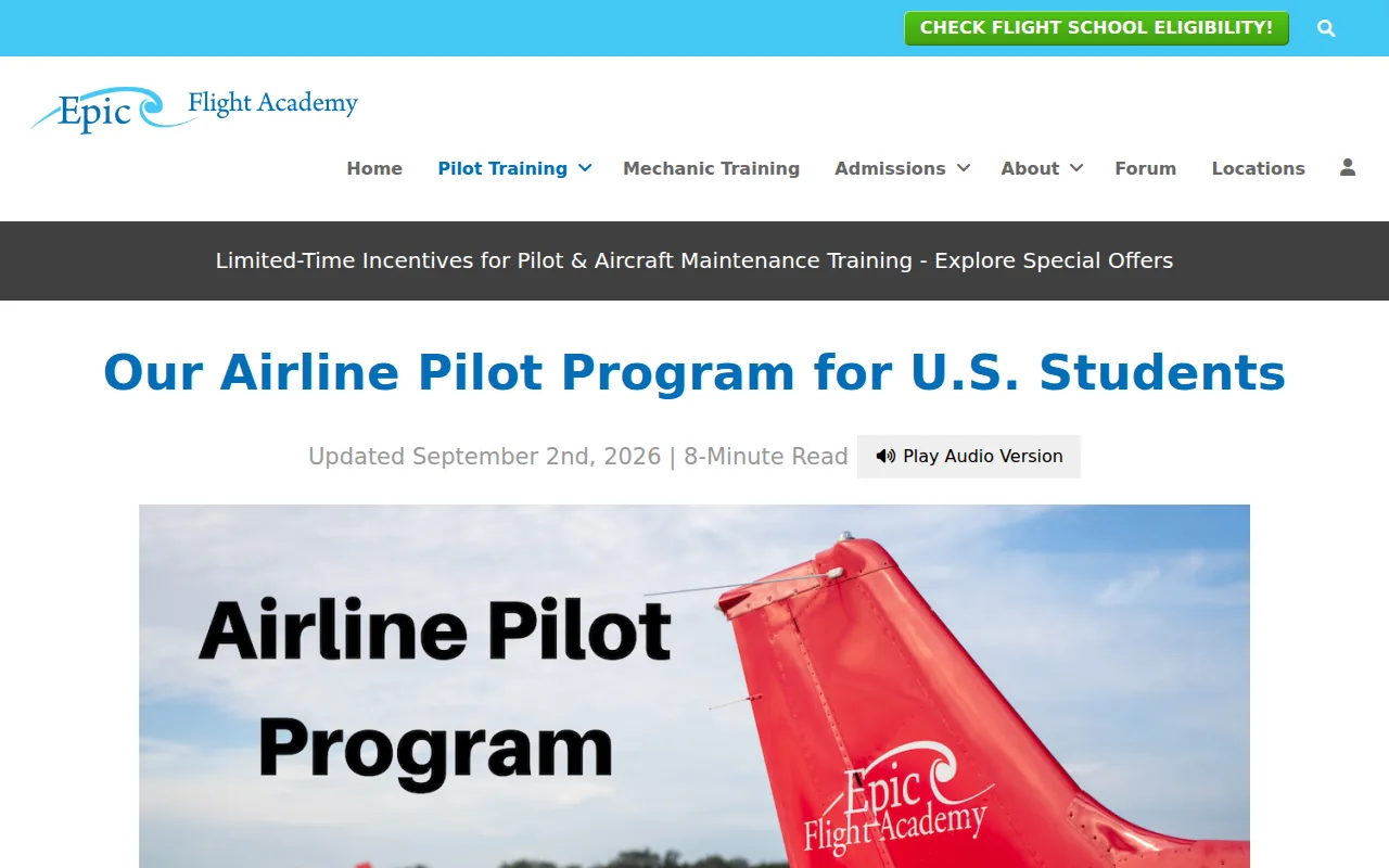 Screenshot of the Epic Flight Academy website