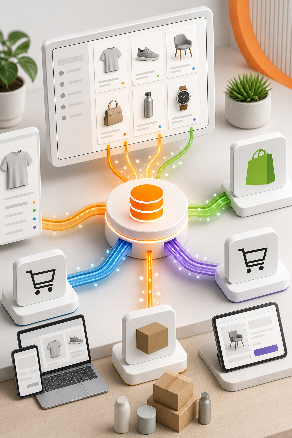 Illustration of a centralized product data hub with colorful data streams flowing from a central node to Shopify, Amazon, and WooCommerce icons, orange accent color, clean tech style. Alt: PIMInto PIM software syncing product data to Shopify and multiple sales channels.