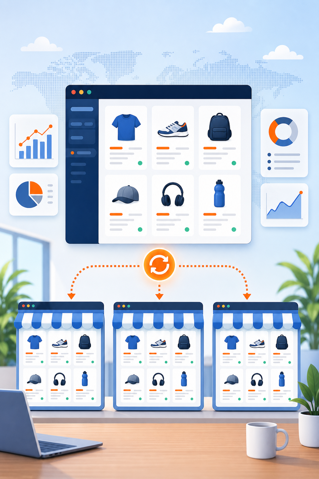 Illustration of a multi-store Shopify dashboard with product cards syncing in real time across three store windows, using orange and blue accent colors, flat design. Alt: Apimio multi-store Shopify PIM syncing product data in real time.