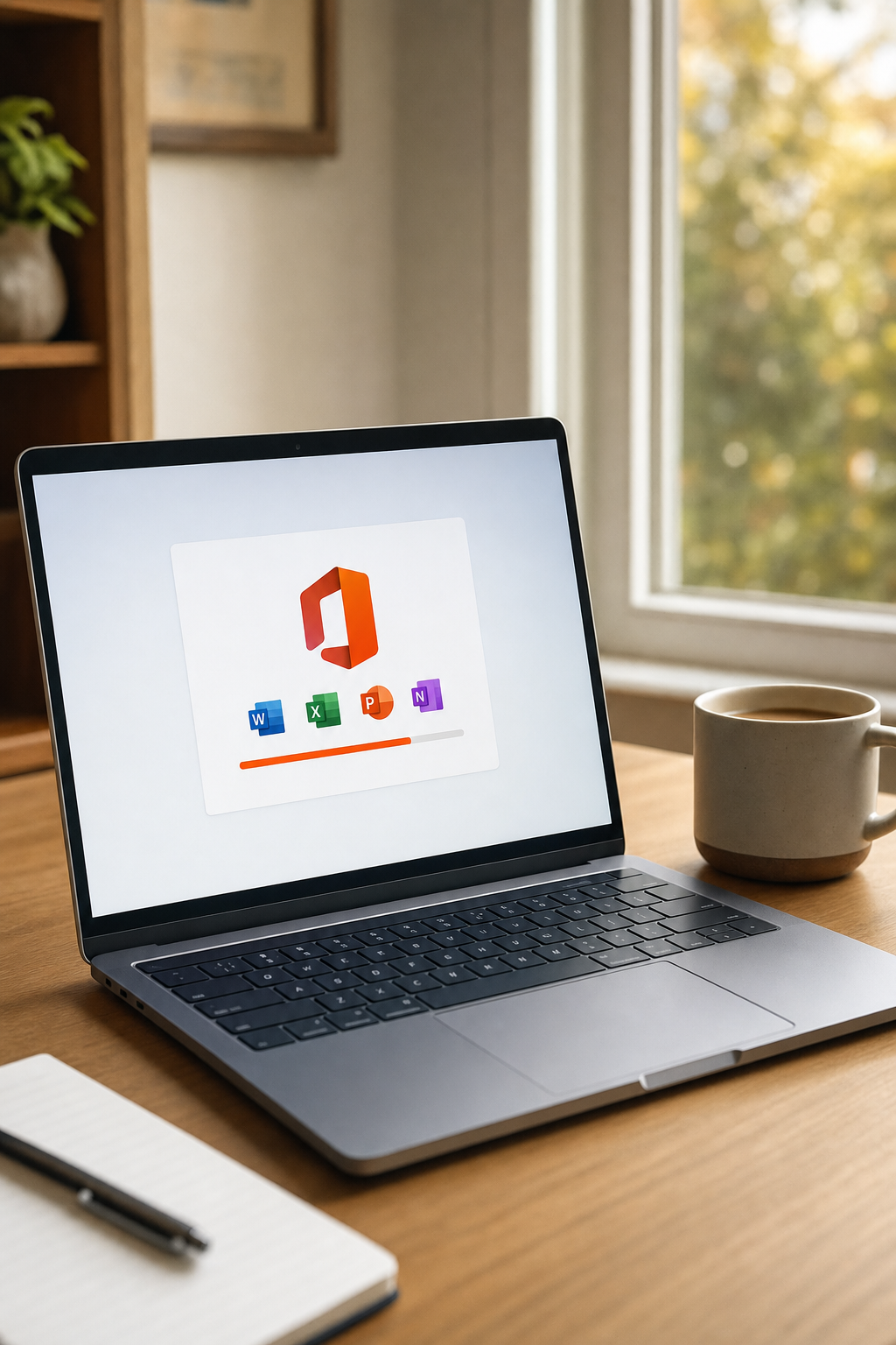 A clean workspace with a laptop open showing a software activation screen, a coffee mug nearby, warm natural light from a window, photorealistic editorial style. Alt: verified Microsoft Office key purchase on ActivSoftKey.