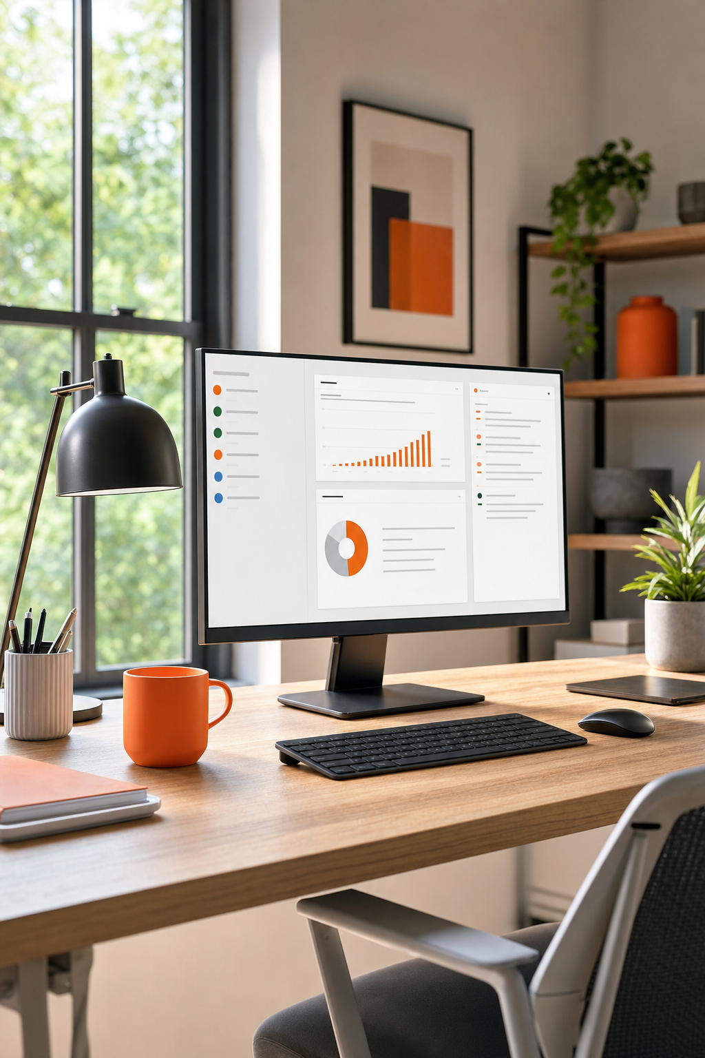 A bright modern home office desk with a monitor displaying a productivity app, minimalist setup, natural daylight, photorealistic editorial style. Alt: Microsoft Office purchased directly from the Microsoft Store for full price.