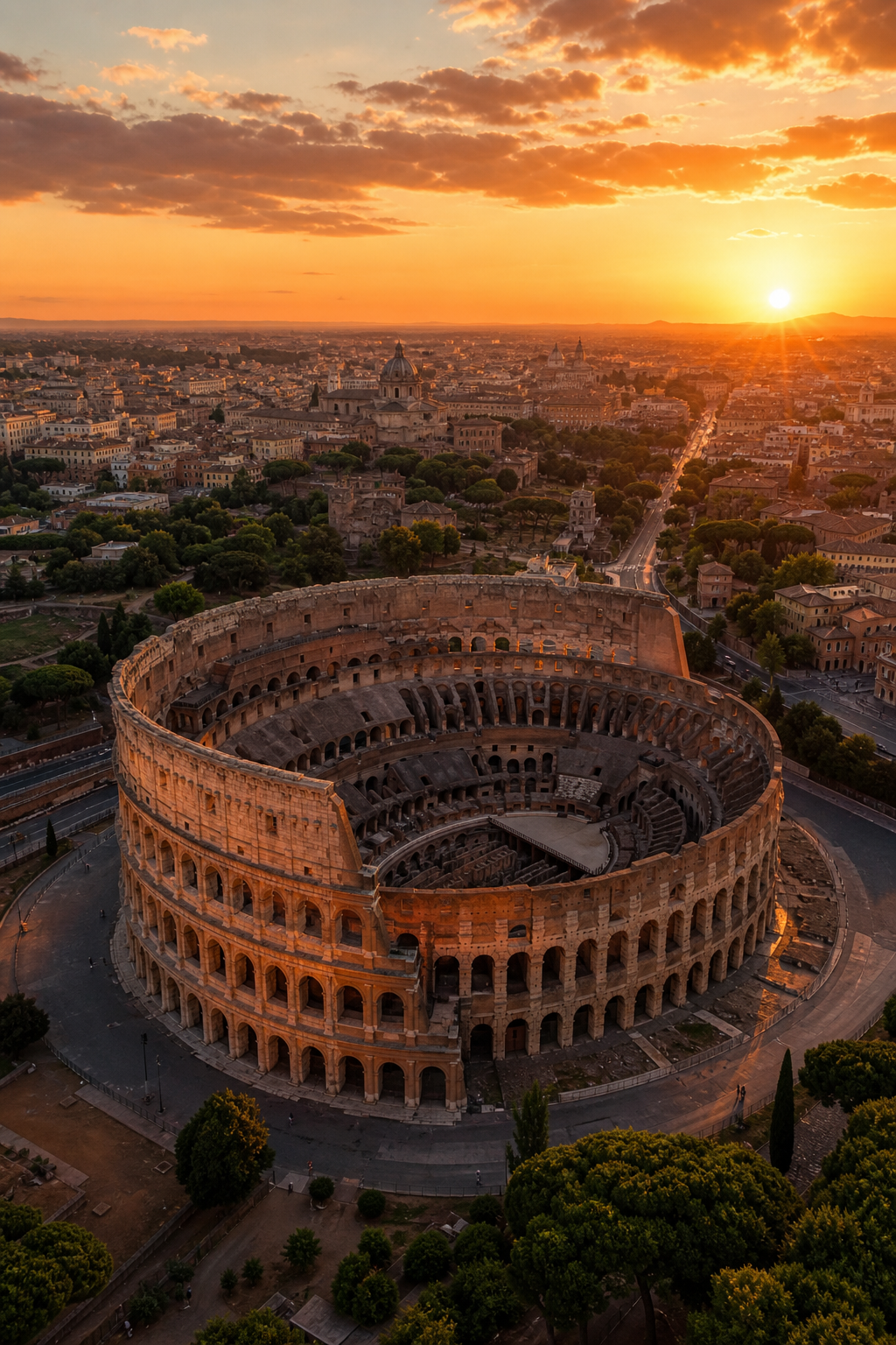 Aerial view of the Colosseum at sunset with warm golden light, realistic style