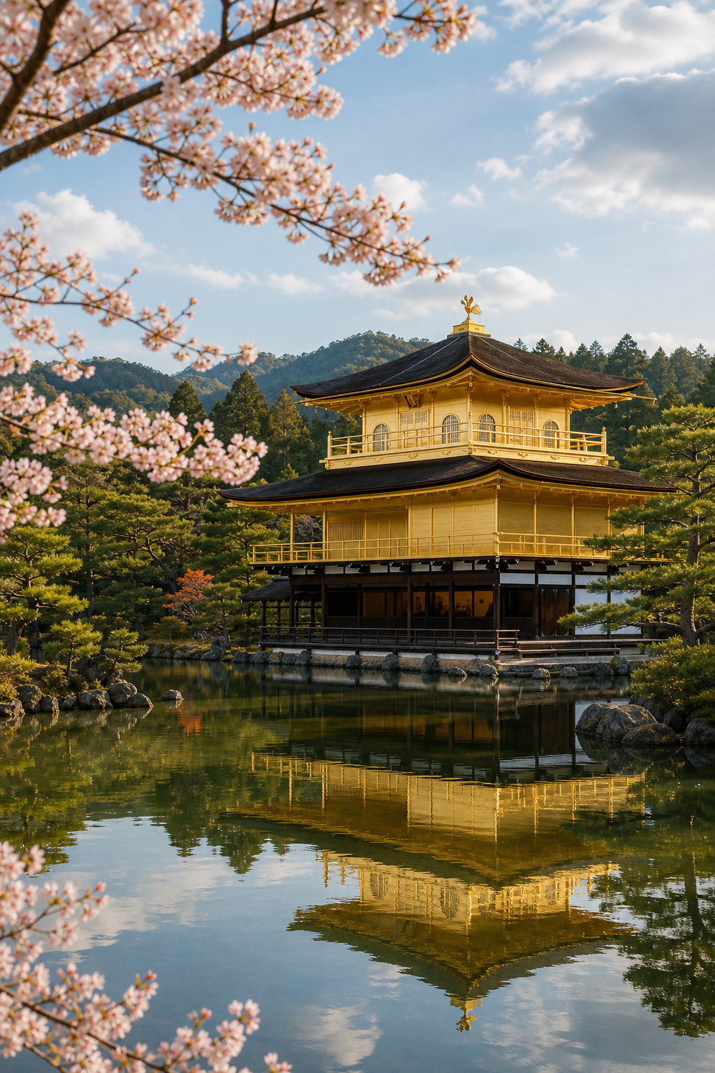 A photorealistic view of Kinkaku-ji (Golden Pavilion) reflected in its pond, with cherry blossoms in the foreground, bright morning light, realistic detail, Realism style, alt: Kyoto Golden Pavilion reflected in water