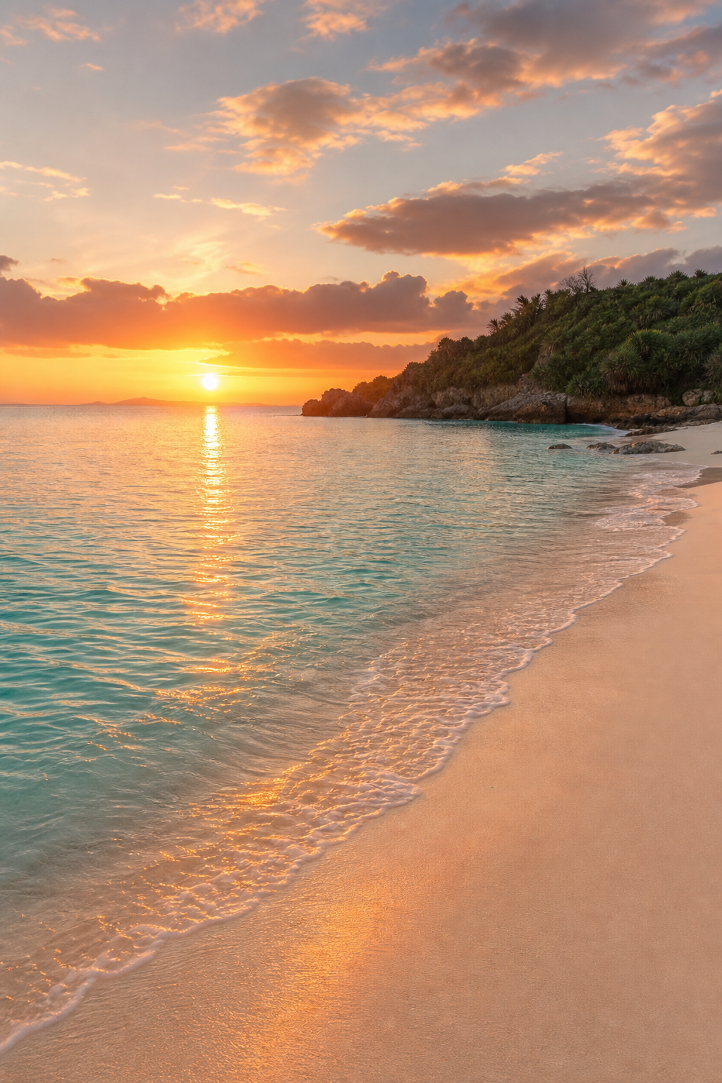 A photorealistic sunrise over a secluded Okinawa beach, turquoise water lapping at soft white sand, gentle waves, realistic lighting, Realism style, alt: Okinawa sunrise on a quiet beach