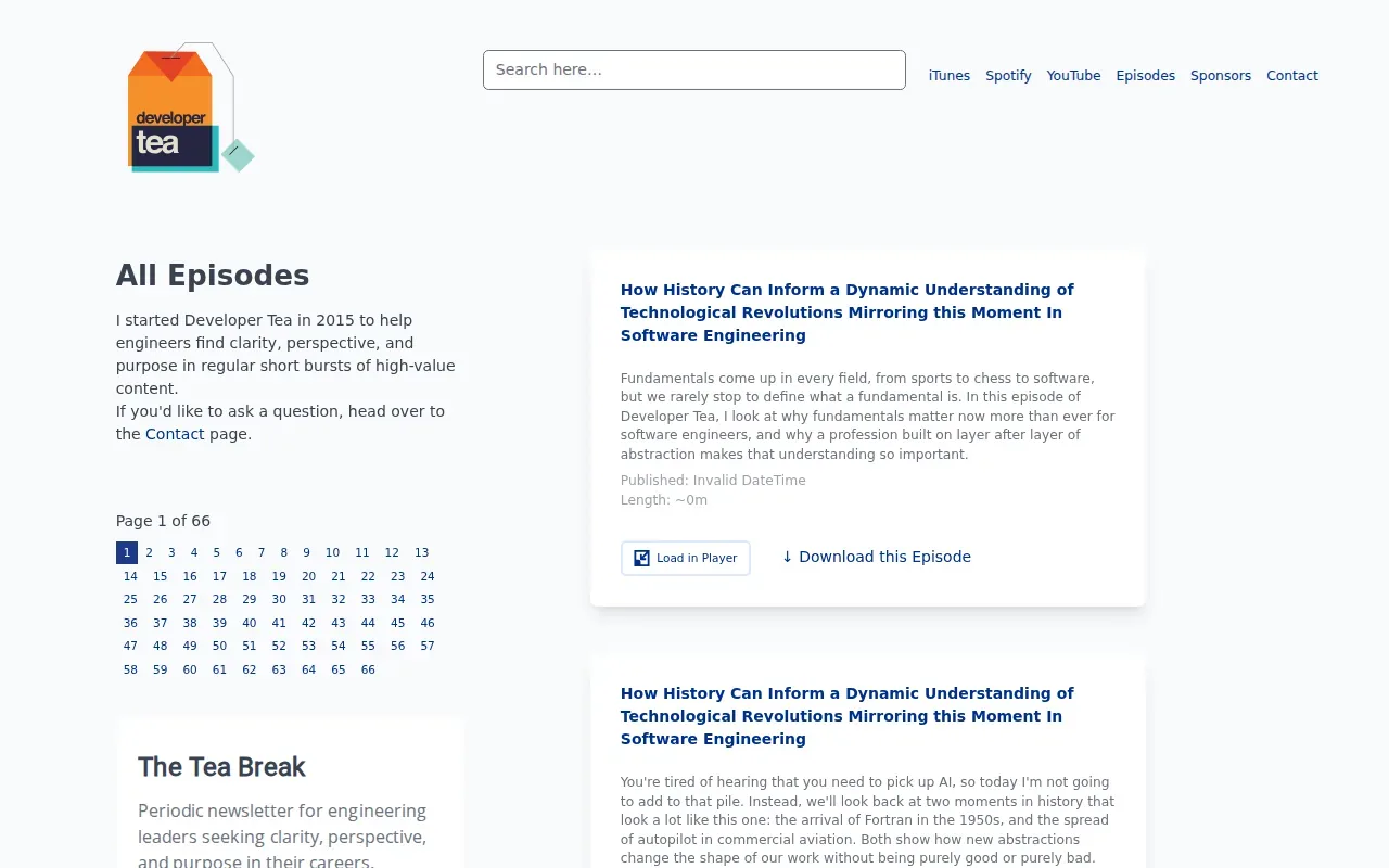 Screenshot of the Developer Tea website