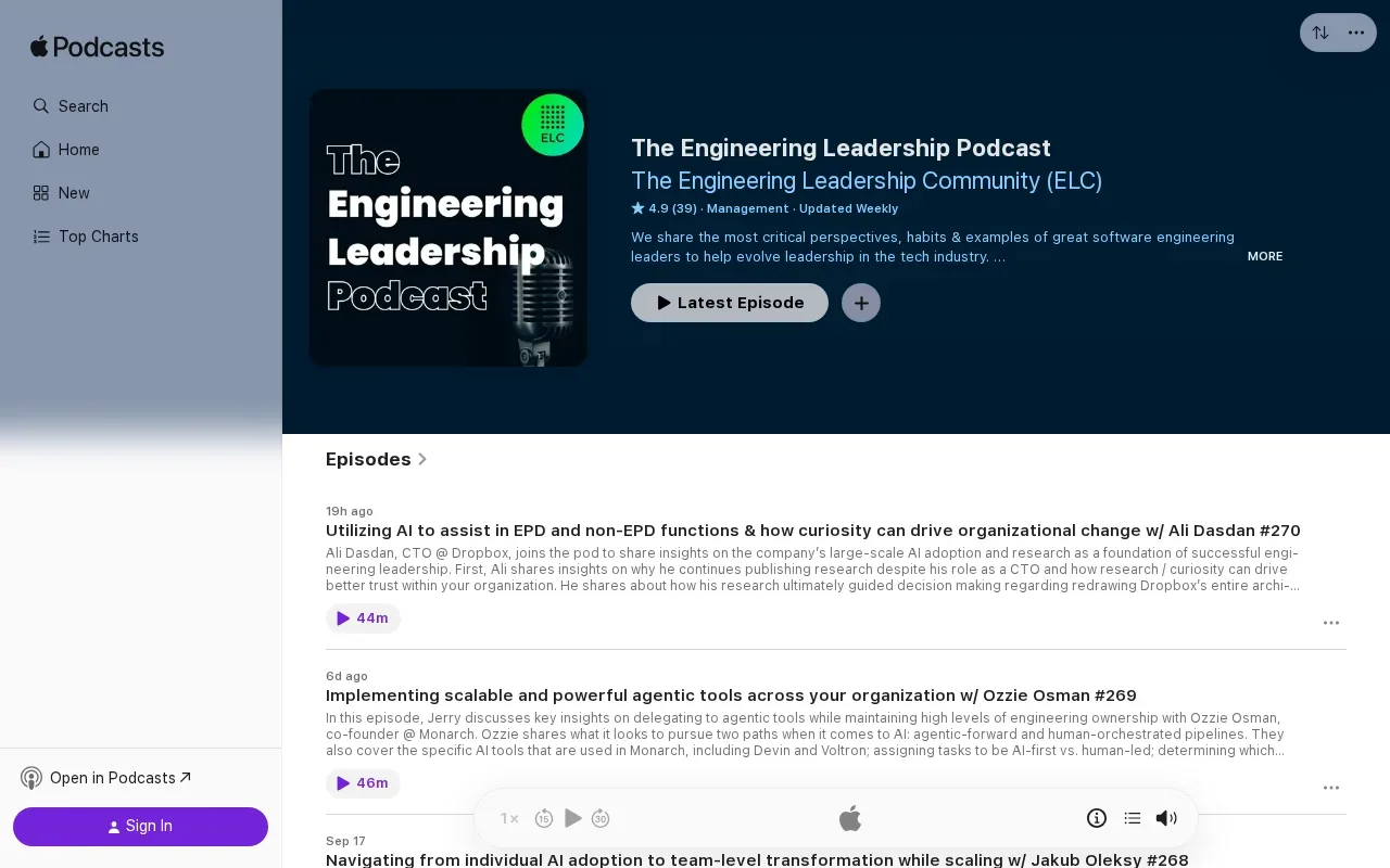 Screenshot of The Engineering Leadership Podcast on Apple Podcasts