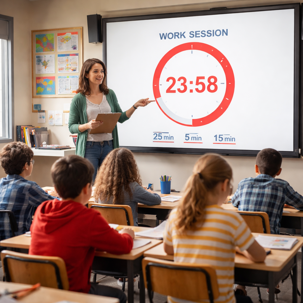 A photorealistic classroom scene showing a teacher projecting a Pomodoro timer on a smartboard, with students engaged in a timed activity. Alt: Teacher using best pomodoro timer for teachers in a realistic classroom setting.