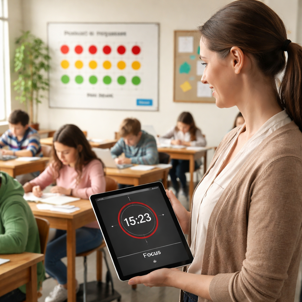 A photorealistic classroom scene showing a teacher holding a tablet with the Focus Keeper timer visible, students focused on individual tasks, a subtle progress chart on the wall indicating Pomodoro cycles completed, realistic lighting and textures. Alt: best pomodoro timer for teachers tracking classroom productivity