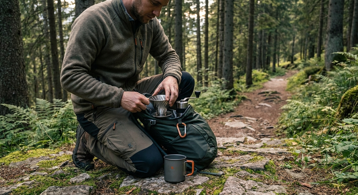 A hiker unpacking a compact coffee brewing kit beside a backpack, natural forest background, realistic lighting, alt: traveler preparing coffee on a trail