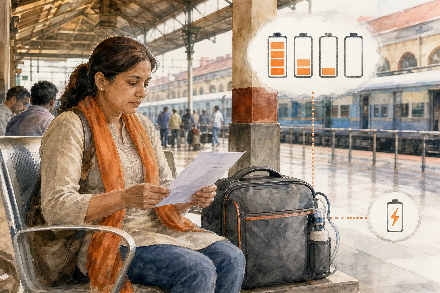 Battery runtime and charging plan for oxygen support during travel in India.