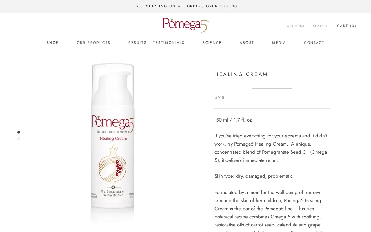 Screenshot of the Pomega MD Healing Cream by Pomega5 website