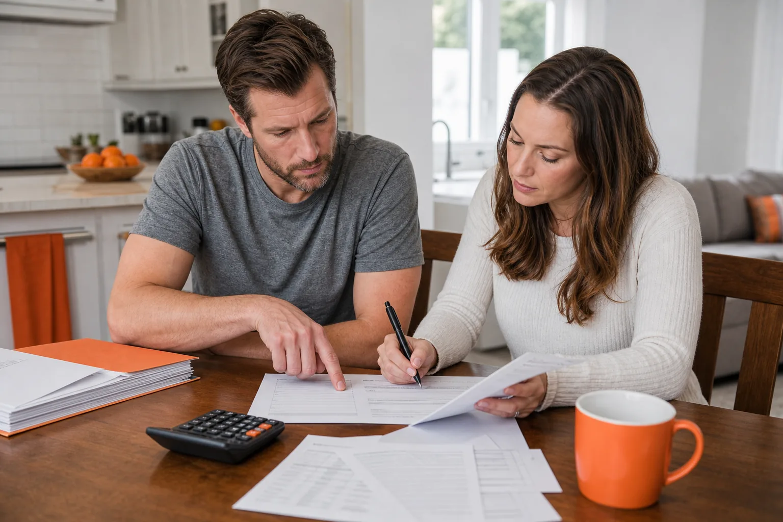 Couple reviewing IUL policy fees, loan balance, and premium limits.