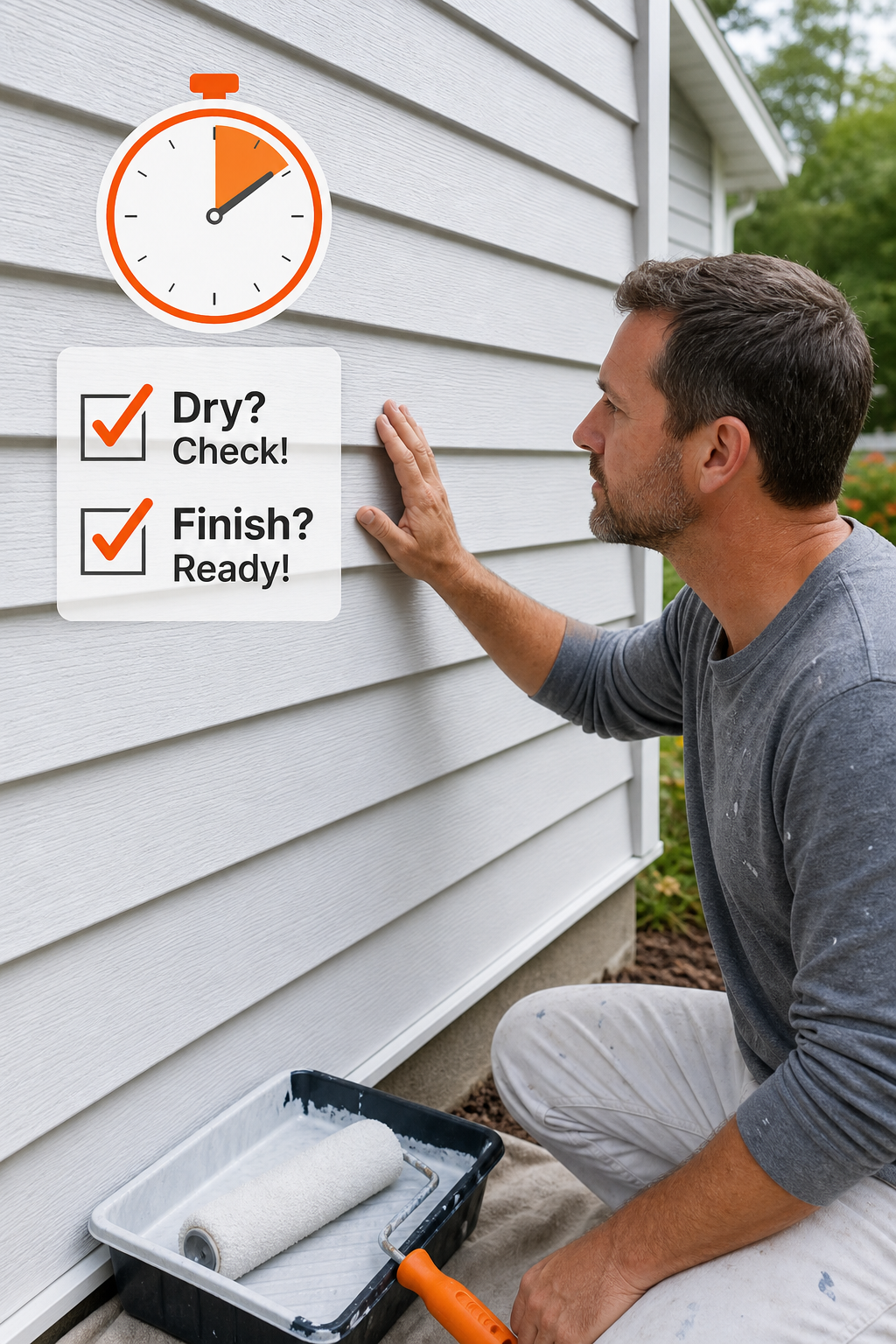 A realistic scene of a homeowner inspecting a freshly primed wooden wall, with a timer icon showing elapsed dry time, and a checklist overlay labeled 