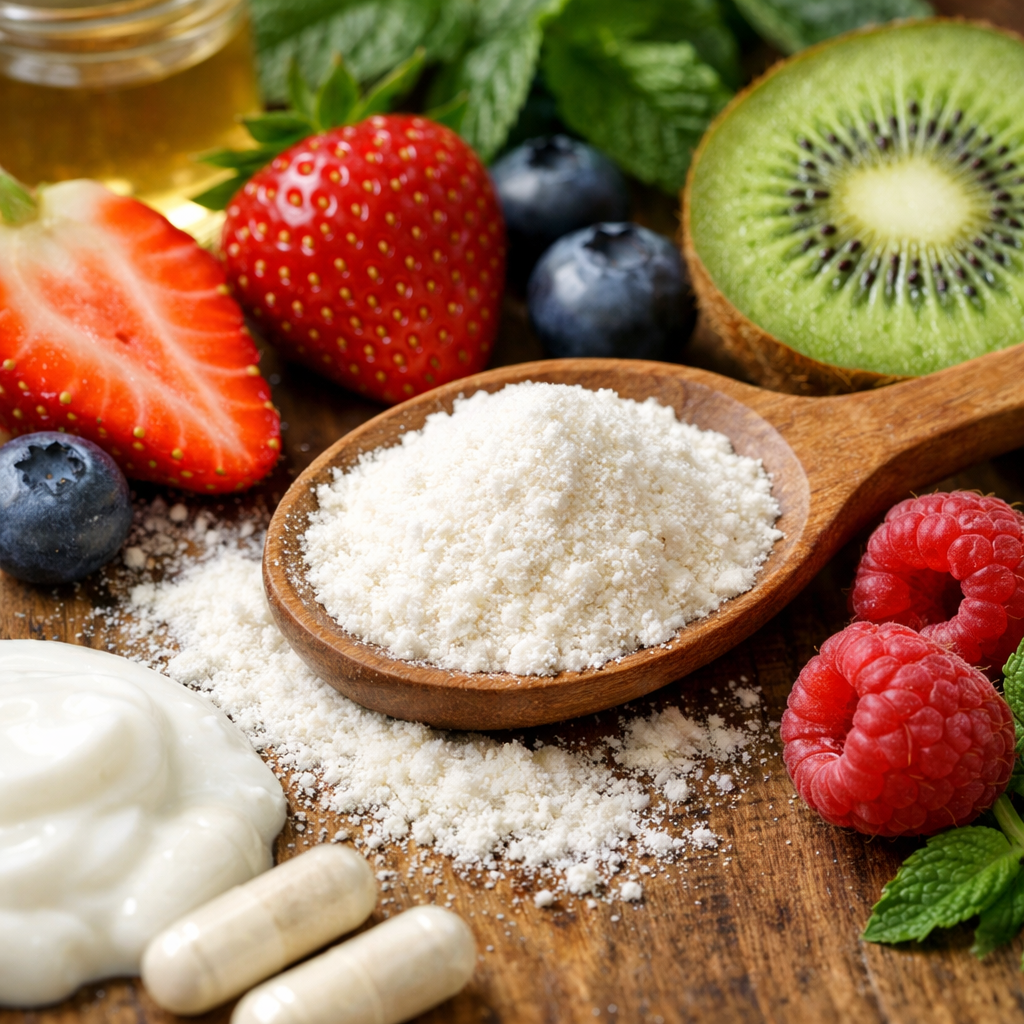 A photorealistic close‑up of probiotic powder mixed with fresh fruit, showing natural ingredients and a wooden spoon, alt=