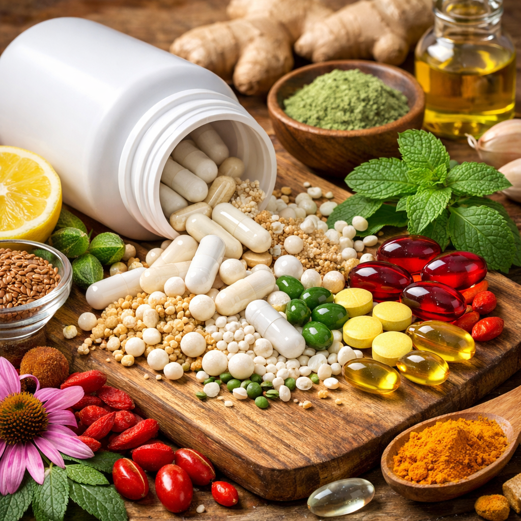 A photorealistic illustration of a diverse probiotic blend spilling onto a wooden cutting board, surrounded by vitamins and herbal extracts, alt=