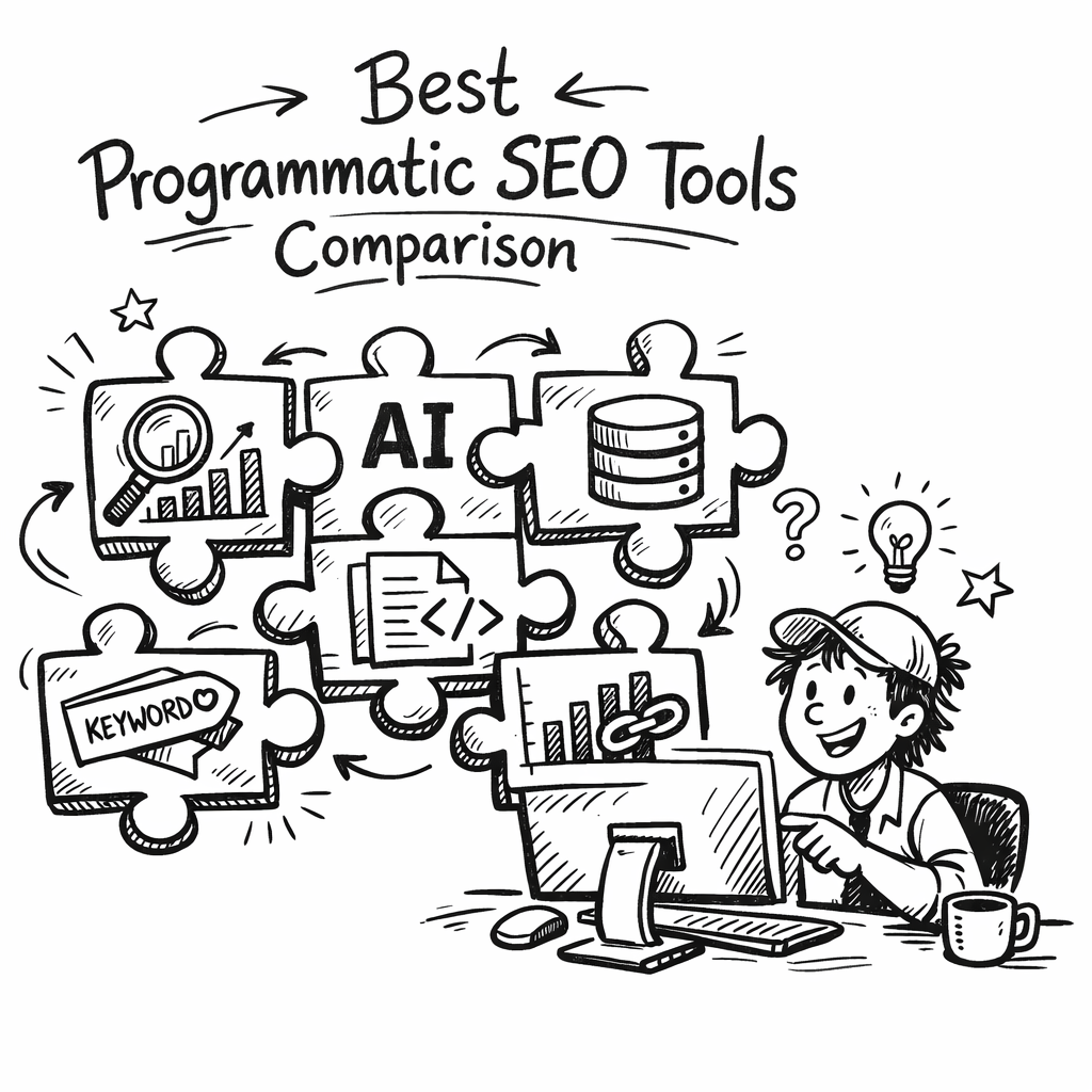 A doodle illustration of a dashboard showing multiple programmatic SEO tool icons connecting like puzzle pieces, with a friendly marketer looking at a screen. Alt: Best programmatic SEO tools comparison doodle.