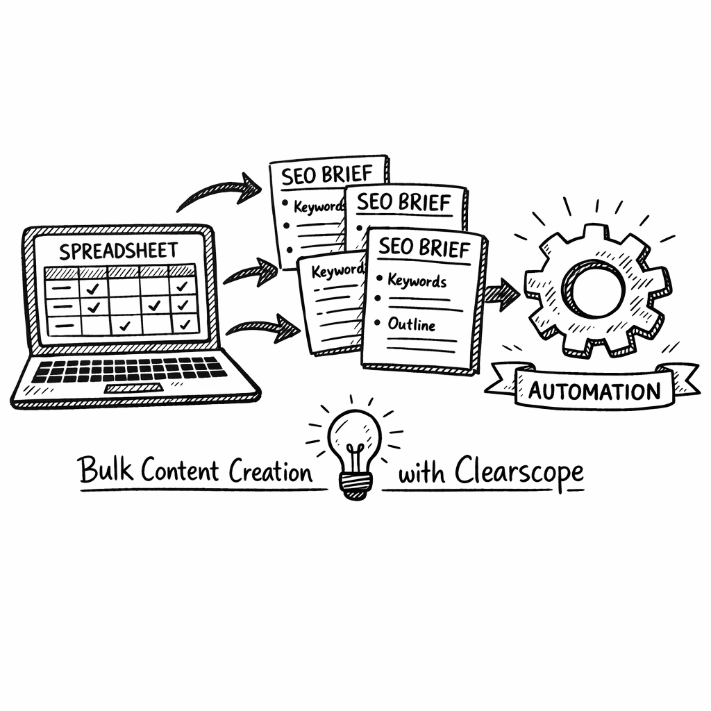 A doodle illustration of a laptop screen showing a spreadsheet turning into multiple SEO brief cards, with arrows pointing to a gear icon representing automation, alt: Bulk content creation workflow using Clearscope Bulk Content Creator