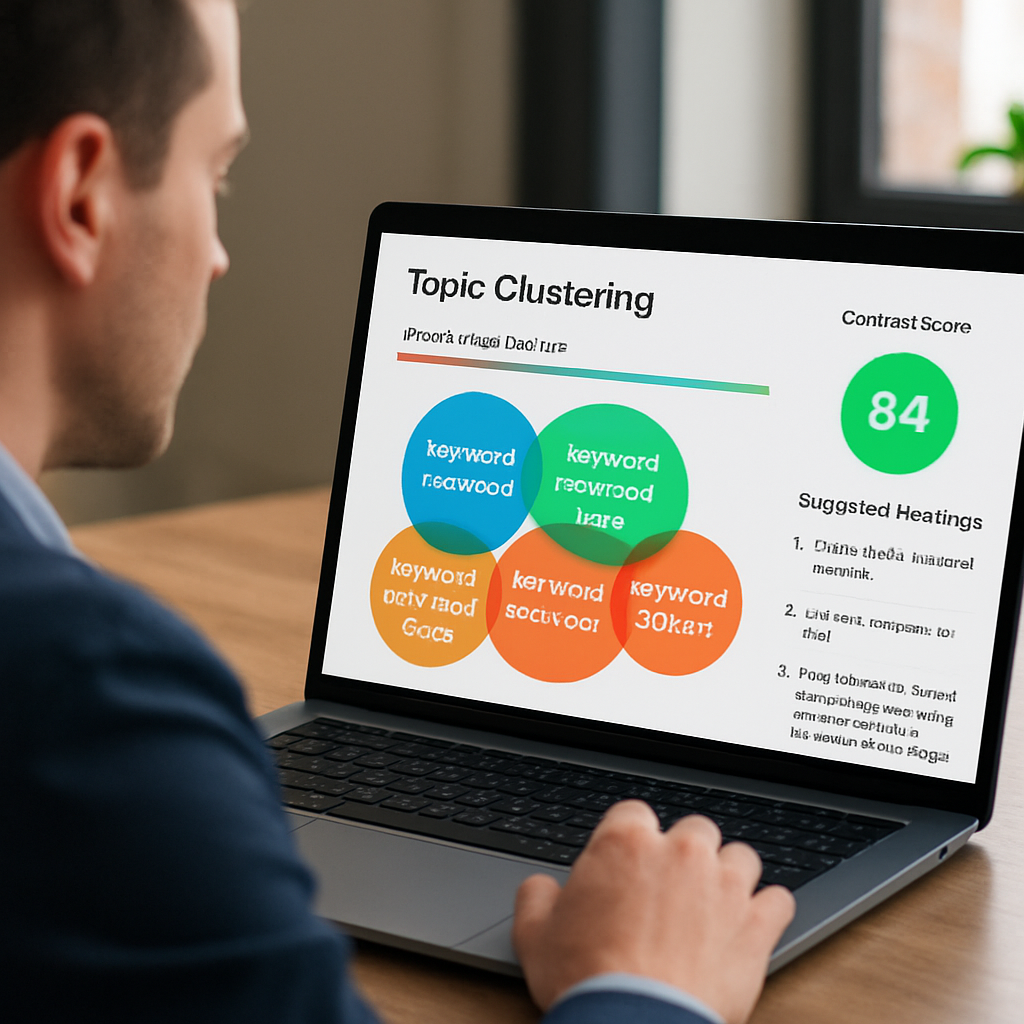 A modern marketer reviewing a colorful topic clustering map on a laptop screen, showing AI‑generated clusters, content scores, and suggested headings. Alt: MarketMuse AI-powered topic modeling dashboard showing semantic clusters and content scores.
