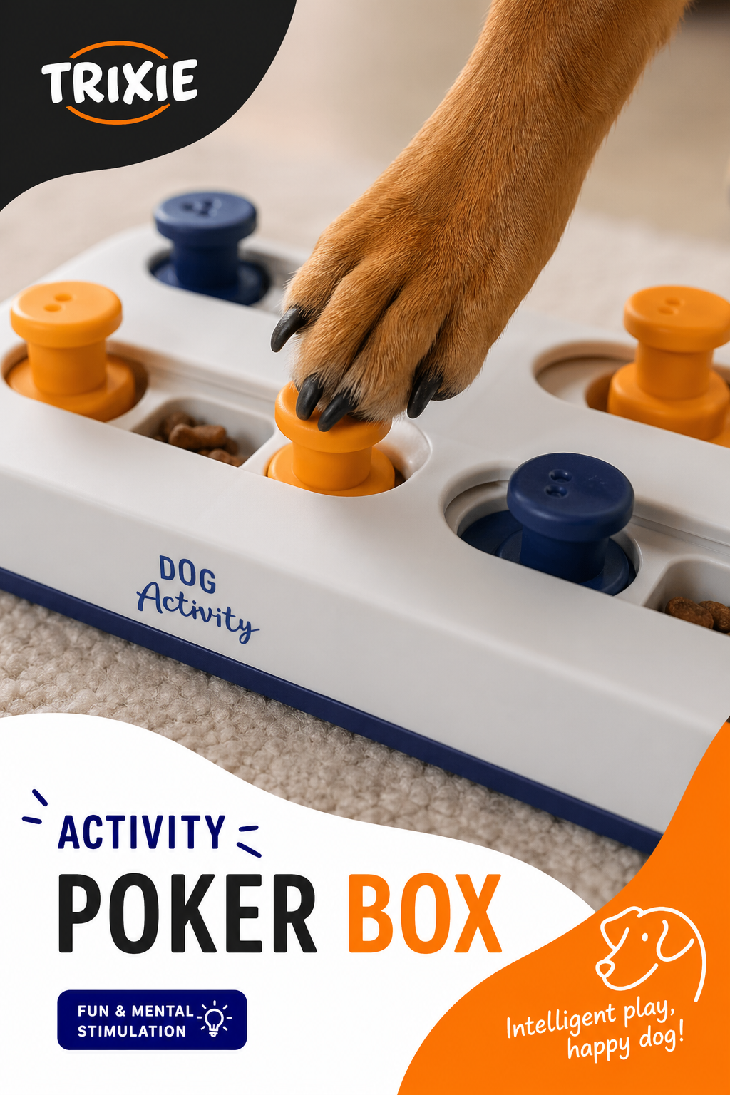 A close-up of a Trixie Activity Poker Box with a dog's paw pushing one of the colorful knobs, treats visible in some compartments. Alt: Trixie Activity Poker Box for dogs