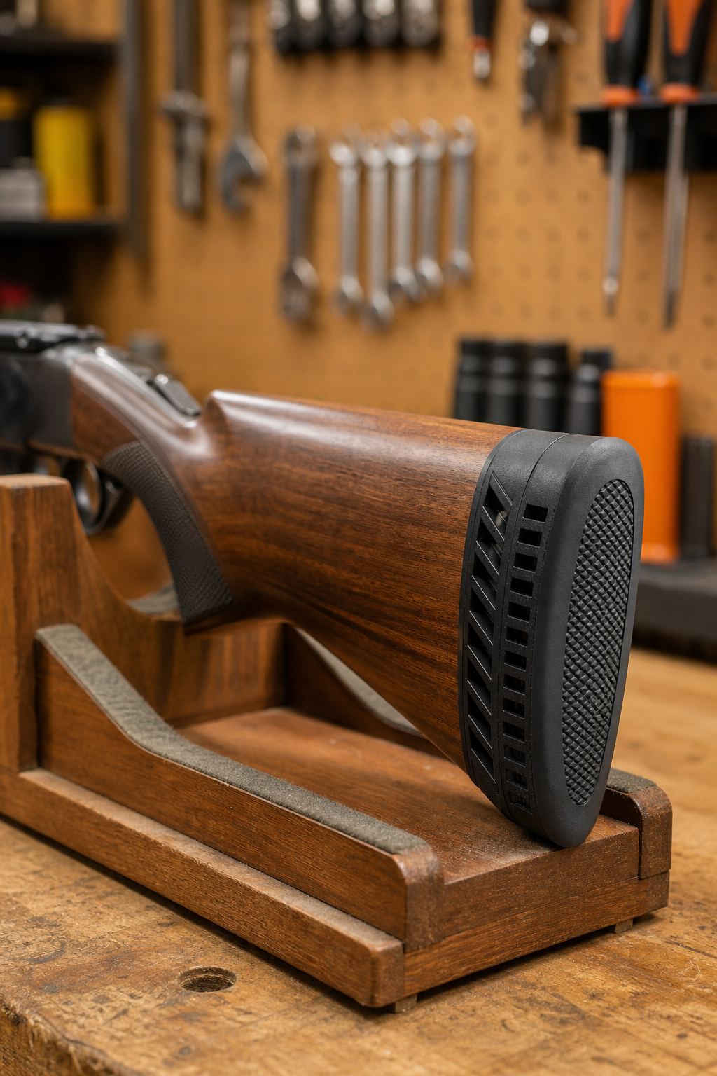 A close-up of a shotgun stock with a dark rubber recoil pad attached, resting on a wooden gun rack in a well-lit workshop, tools visible softly in the background. Alt: LimbSaver AirTech precision-fit recoil pad on shotgun stock.