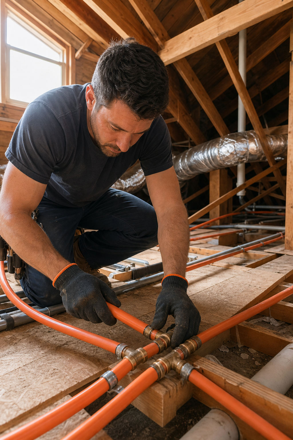 A photorealistic image of a professional plumber in an Orange County home installing new PEX piping in an attic, with sunlight streaming through a window, showcasing modern repiping work. Alt: Repipe OC professional installing PEX piping in Orange County home attic.