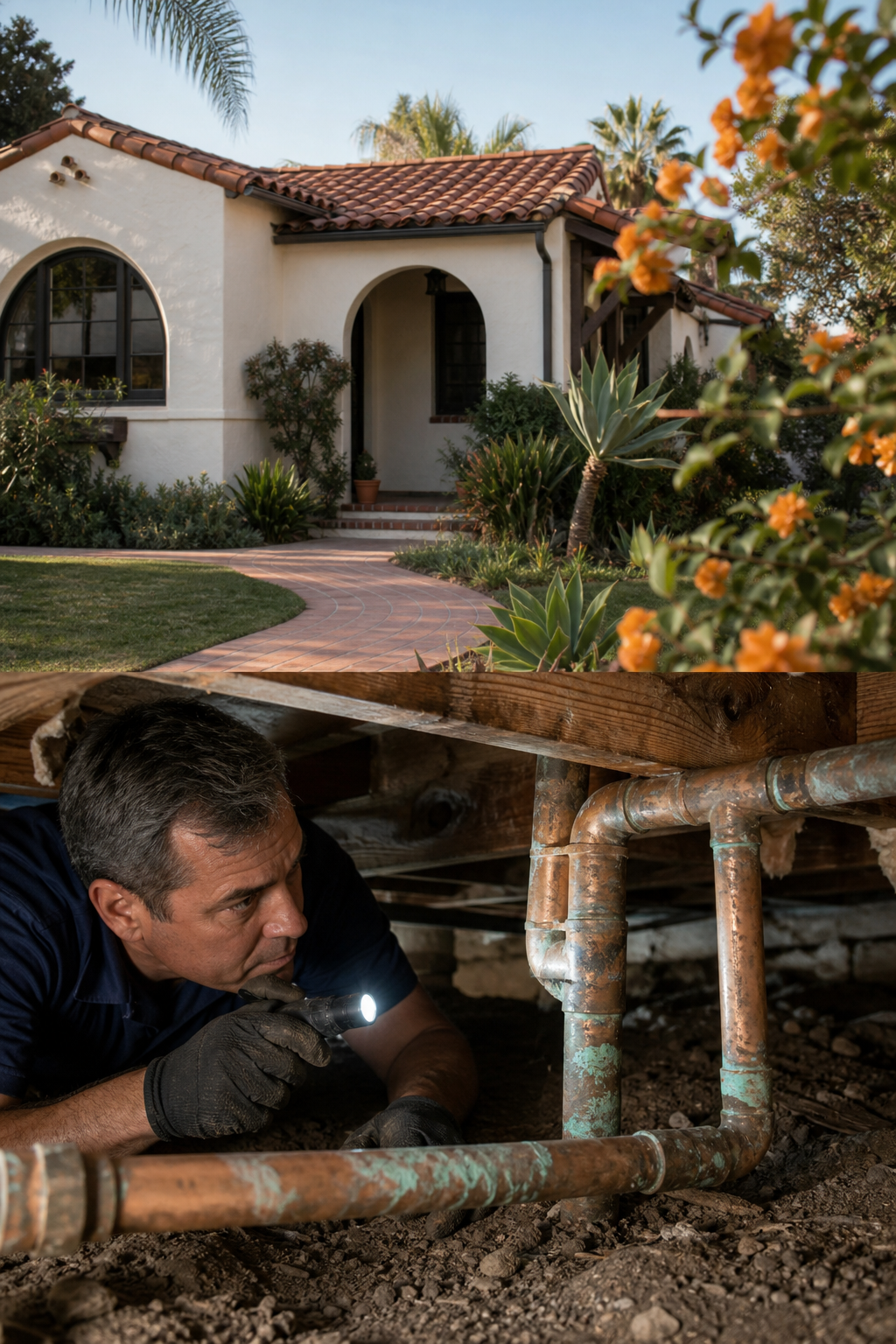 A photorealistic image of an older Orange County home (Spanish-style architecture) with plumbing pipes exposed in a crawl space, showing corrosion and aging copper lines, with a plumber inspecting them. Alt: Aging copper pipes in older Orange County home during inspection.