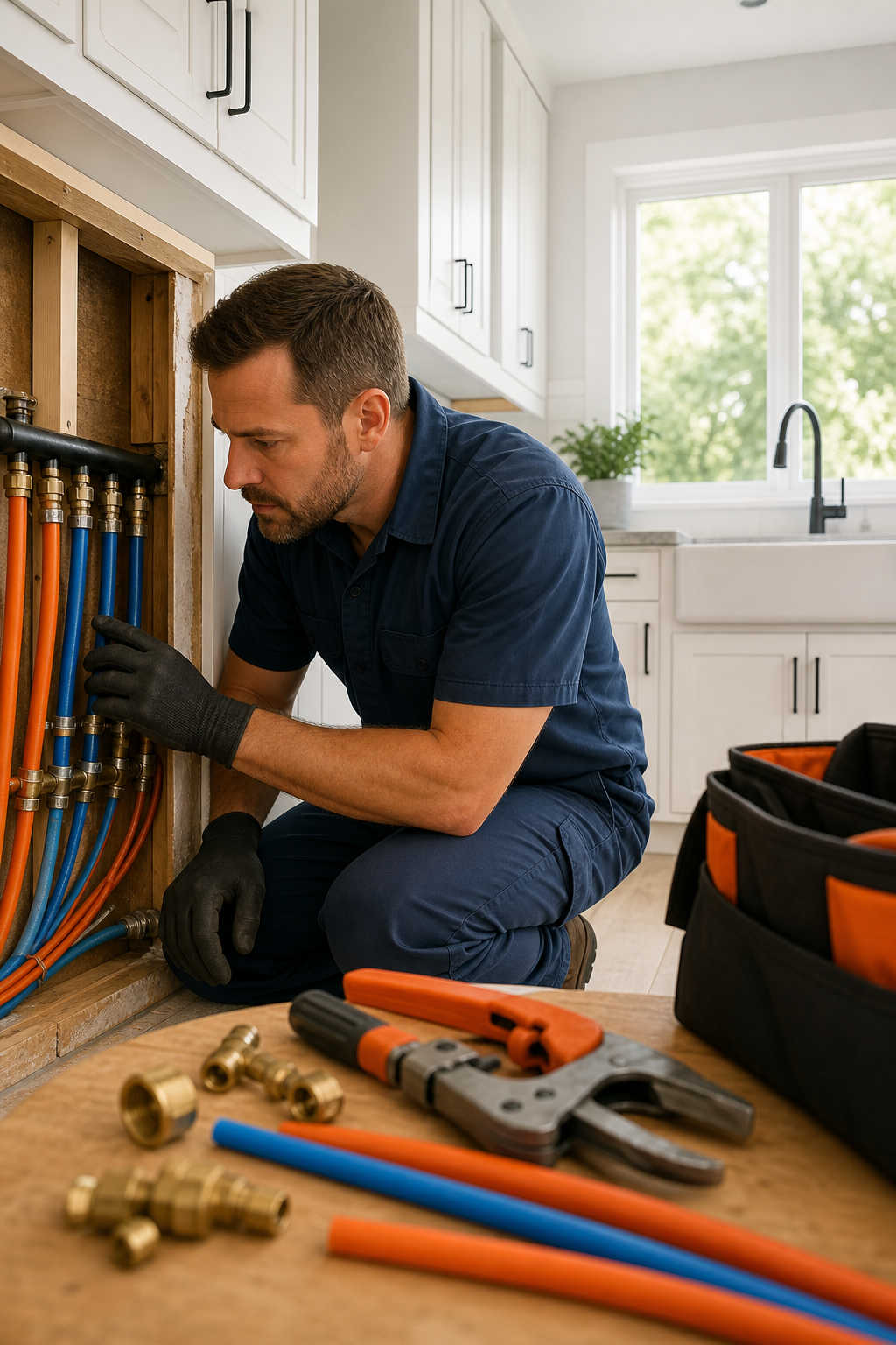 A realistic photo of a professional plumber in an Orange County kitchen inspecting new PEX piping, bright natural light, tools on a workbench, Alt: Repipe OC full‑service repiping in Orange County