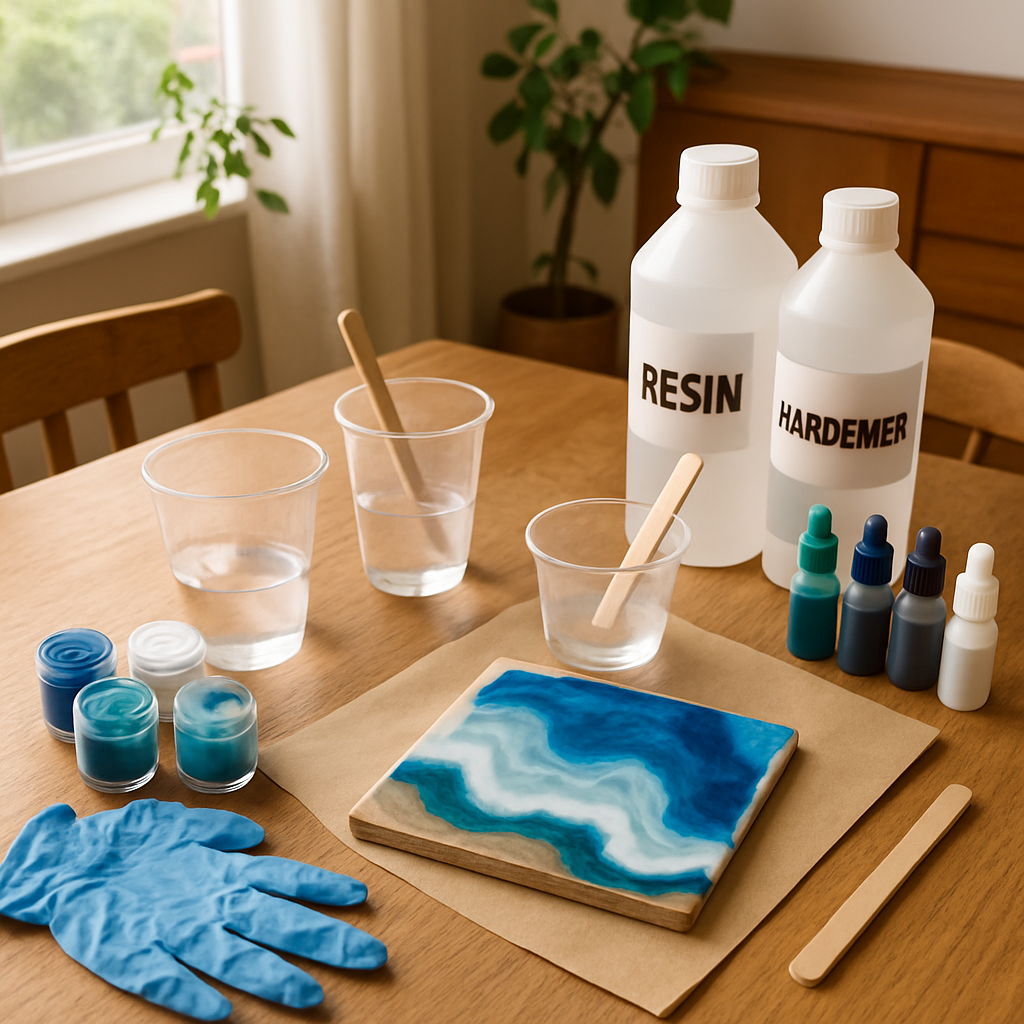 An inviting home workspace featuring resin art supplies like mixing cups, pigments, gloves, and a partially finished resin coaster project. Alt: Resin art supplies arranged neatly on a wooden table with a resin coaster in progress.